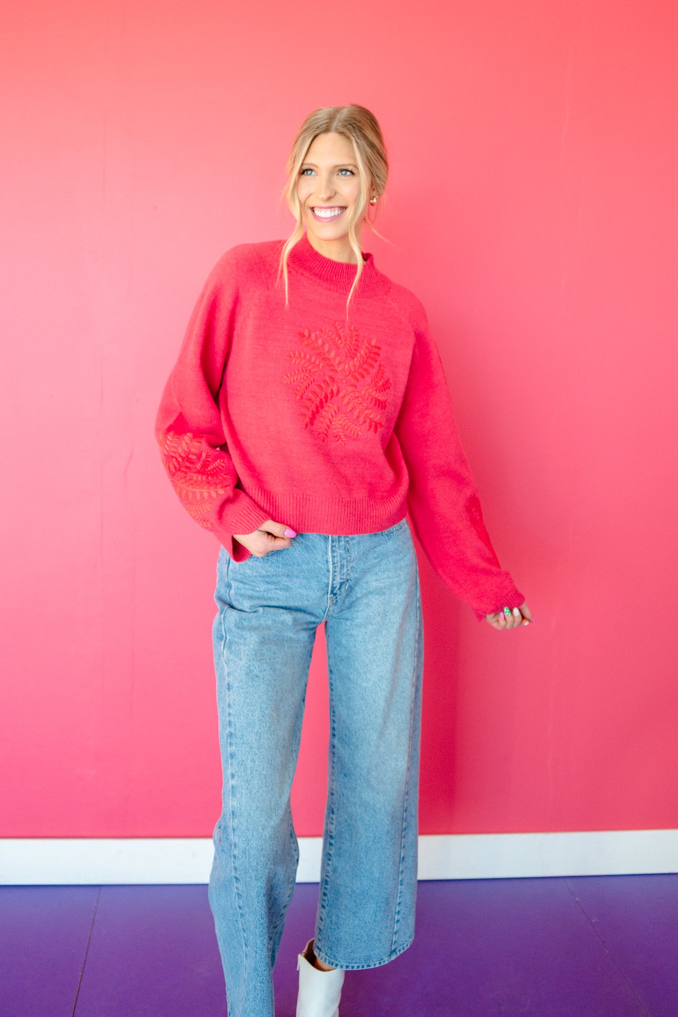 Chelsea Embroidered Sweater - Deep Warm Pink