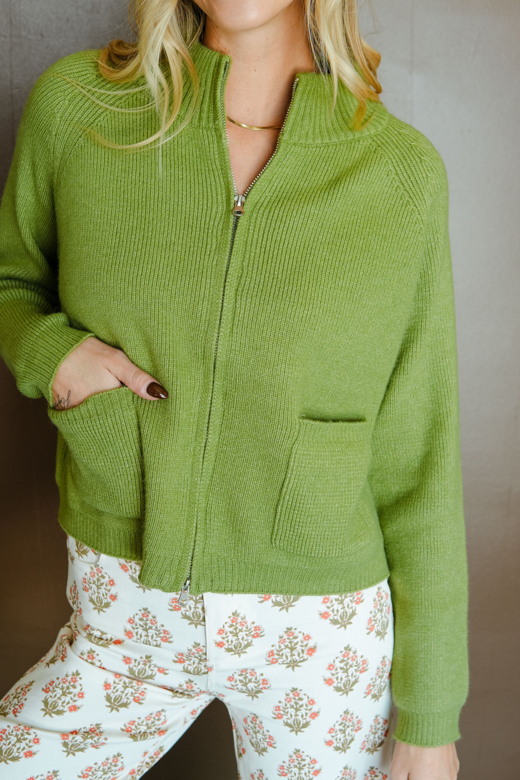 In the Mood Zip Up Cardigan - Matcha
