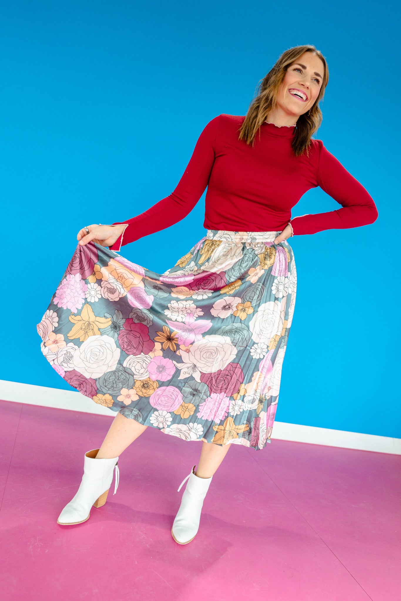 Bella Floral Pleated Maxi Skirt - Lavender + Cool Green