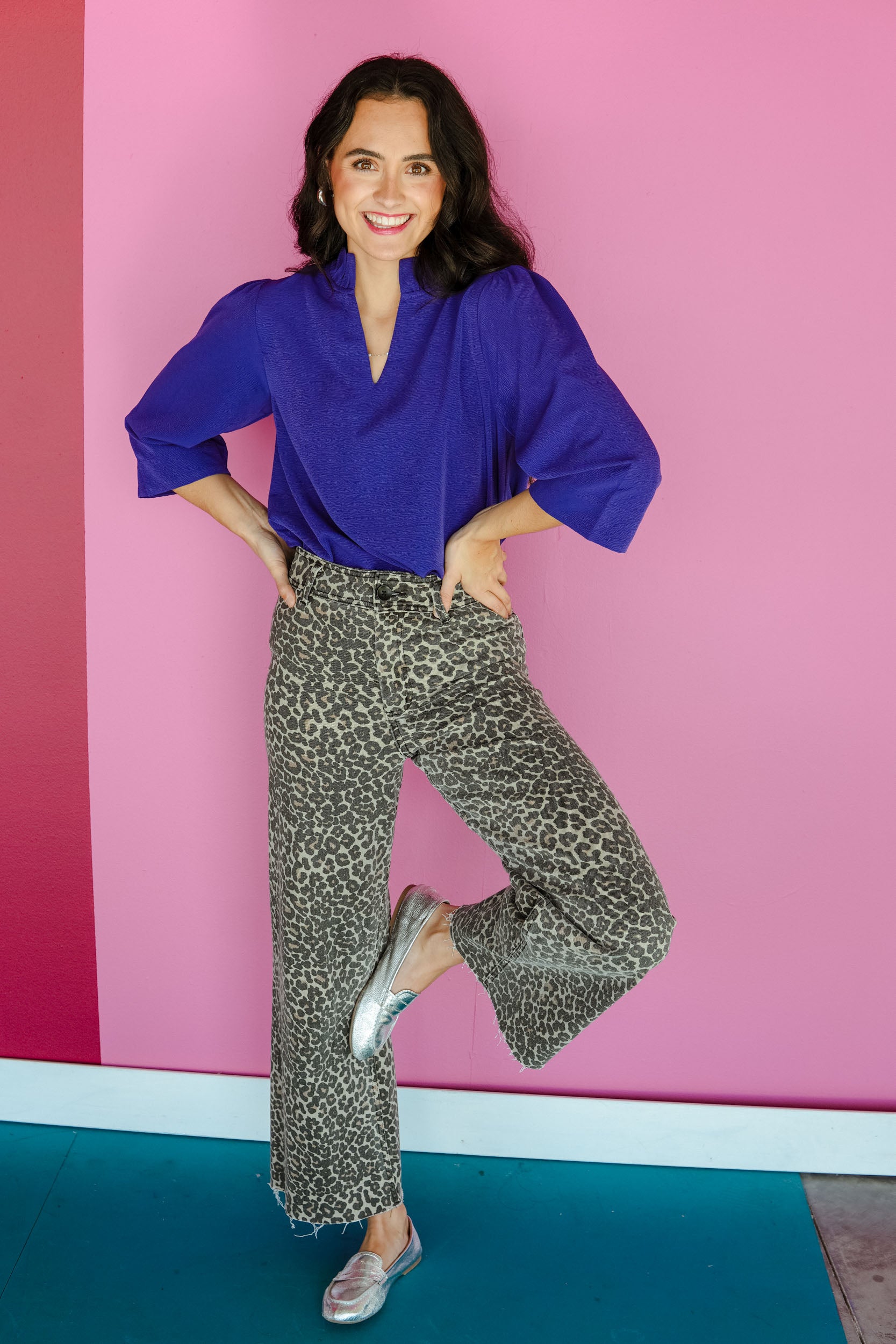 Jayne Ruffle Neck Blouse - Lobelia