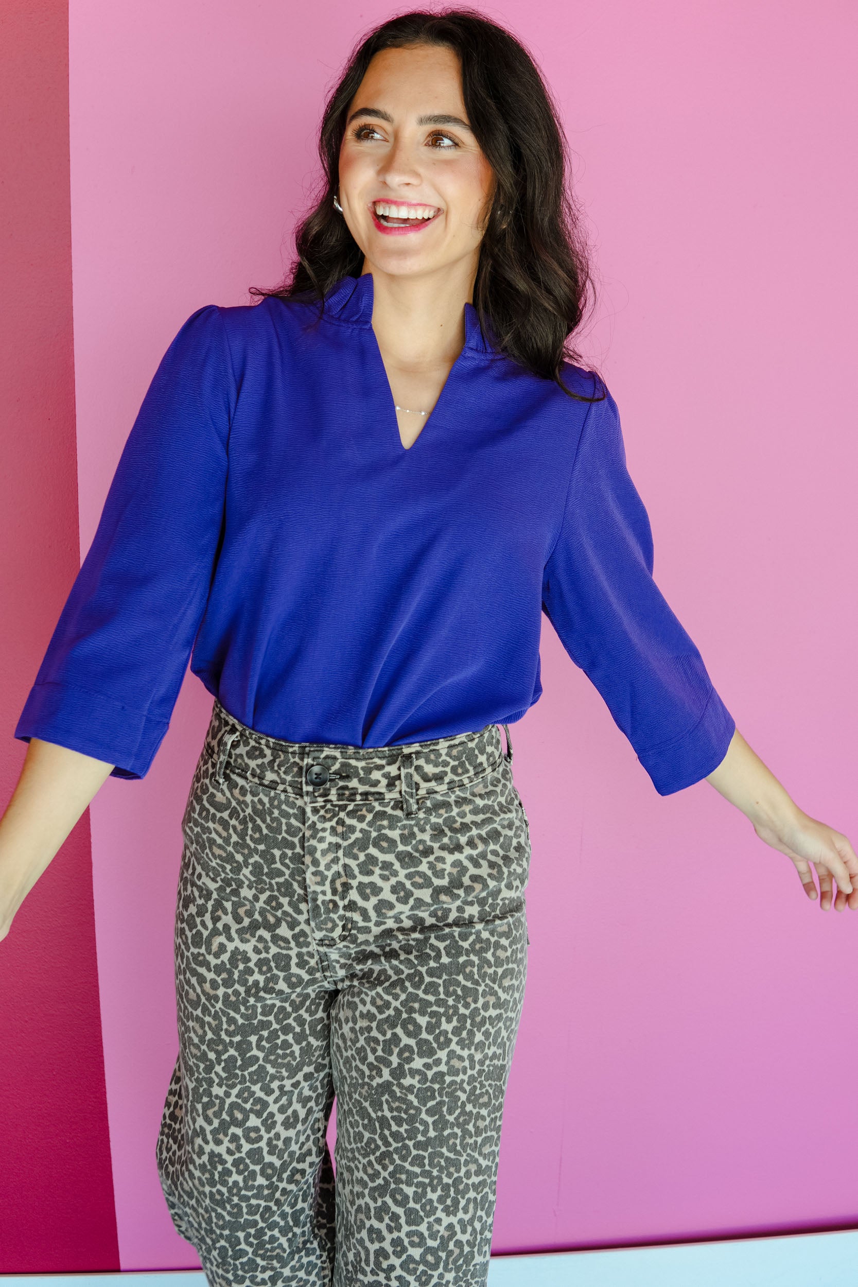 Jayne Ruffle Neck Blouse - Lobelia