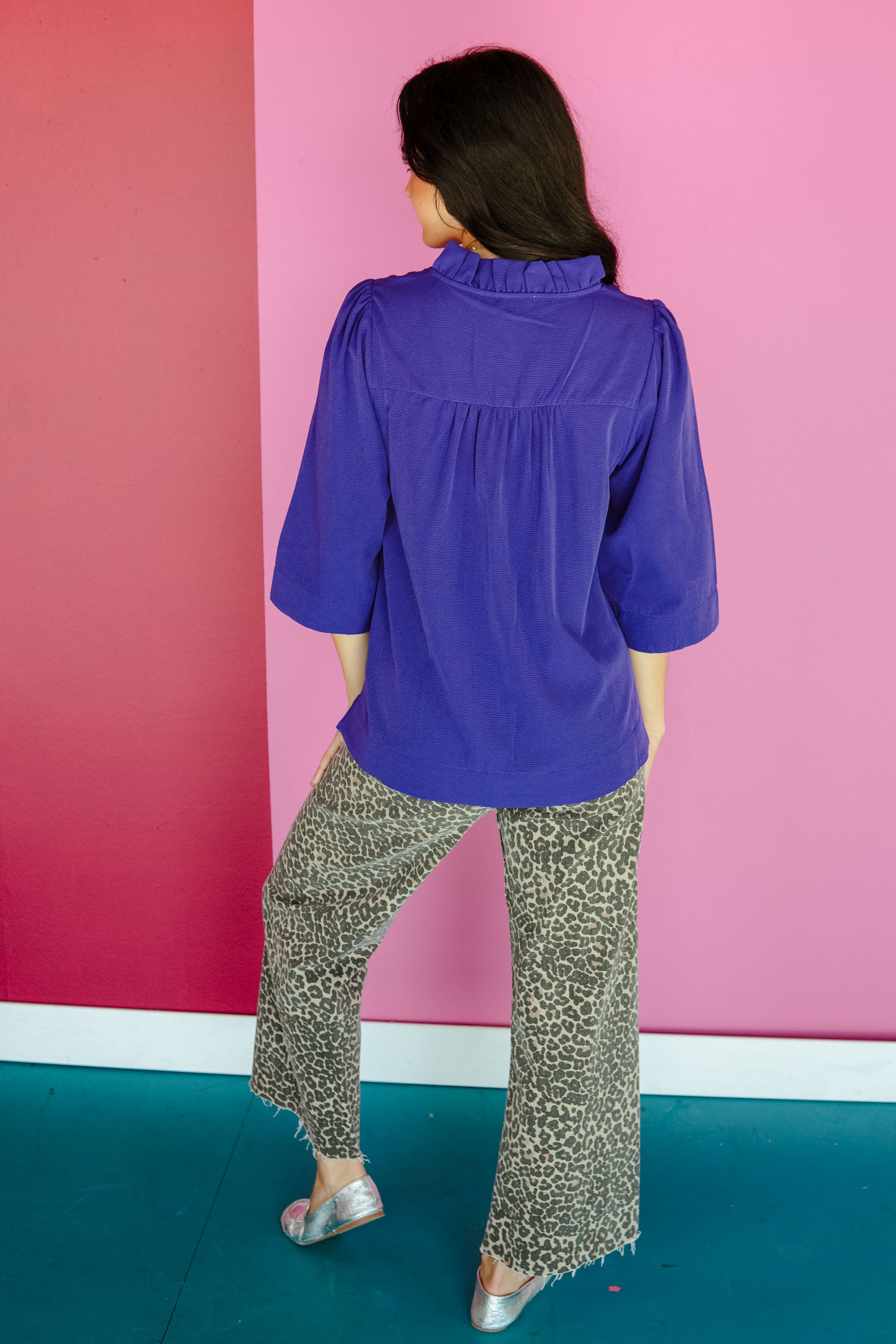 Jayne Ruffle Neck Blouse - Lobelia