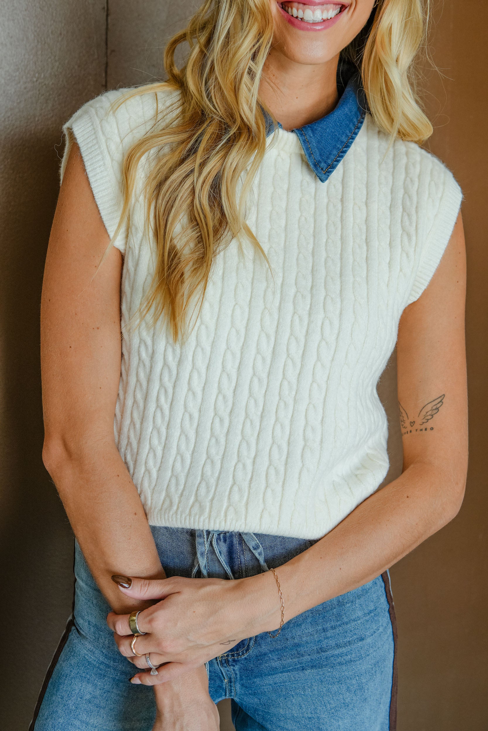 Denim Doll Sleeveless Sweater - Cream