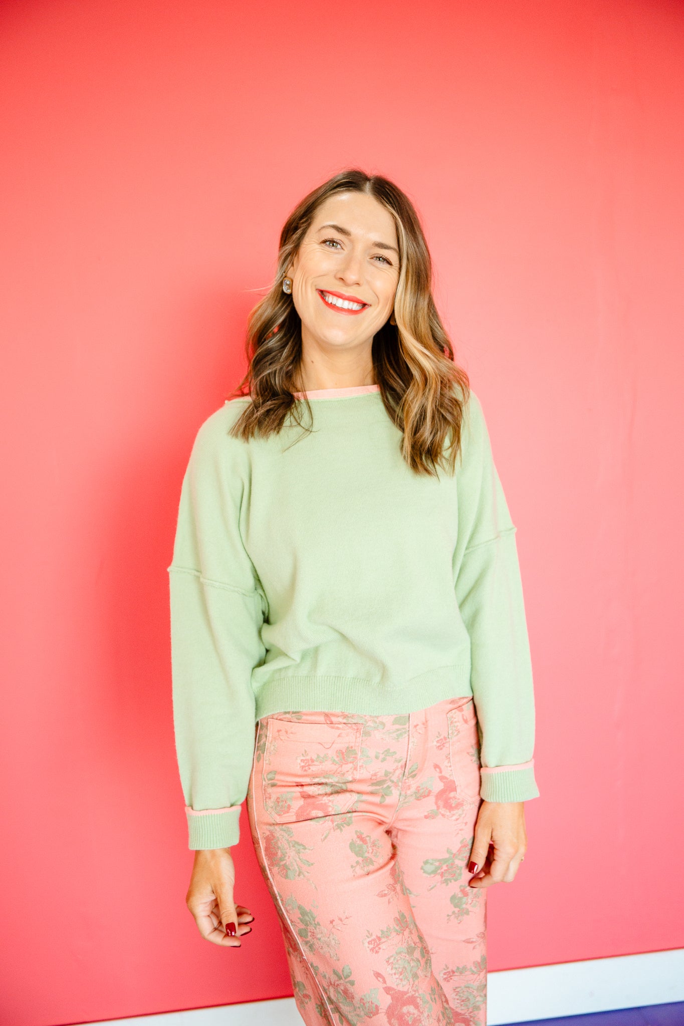 Bella Boatneck Sweater - Matcha + Coral