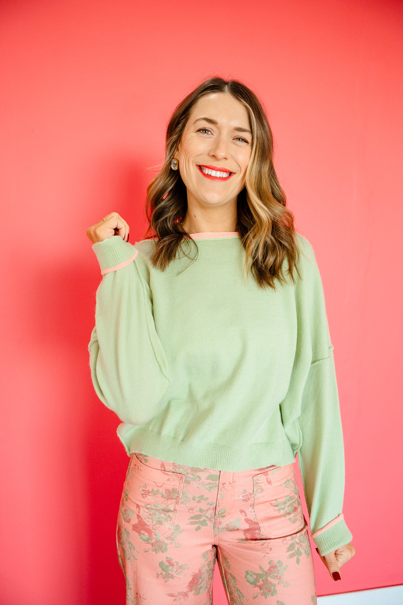 Bella Boatneck Sweater - Matcha + Coral