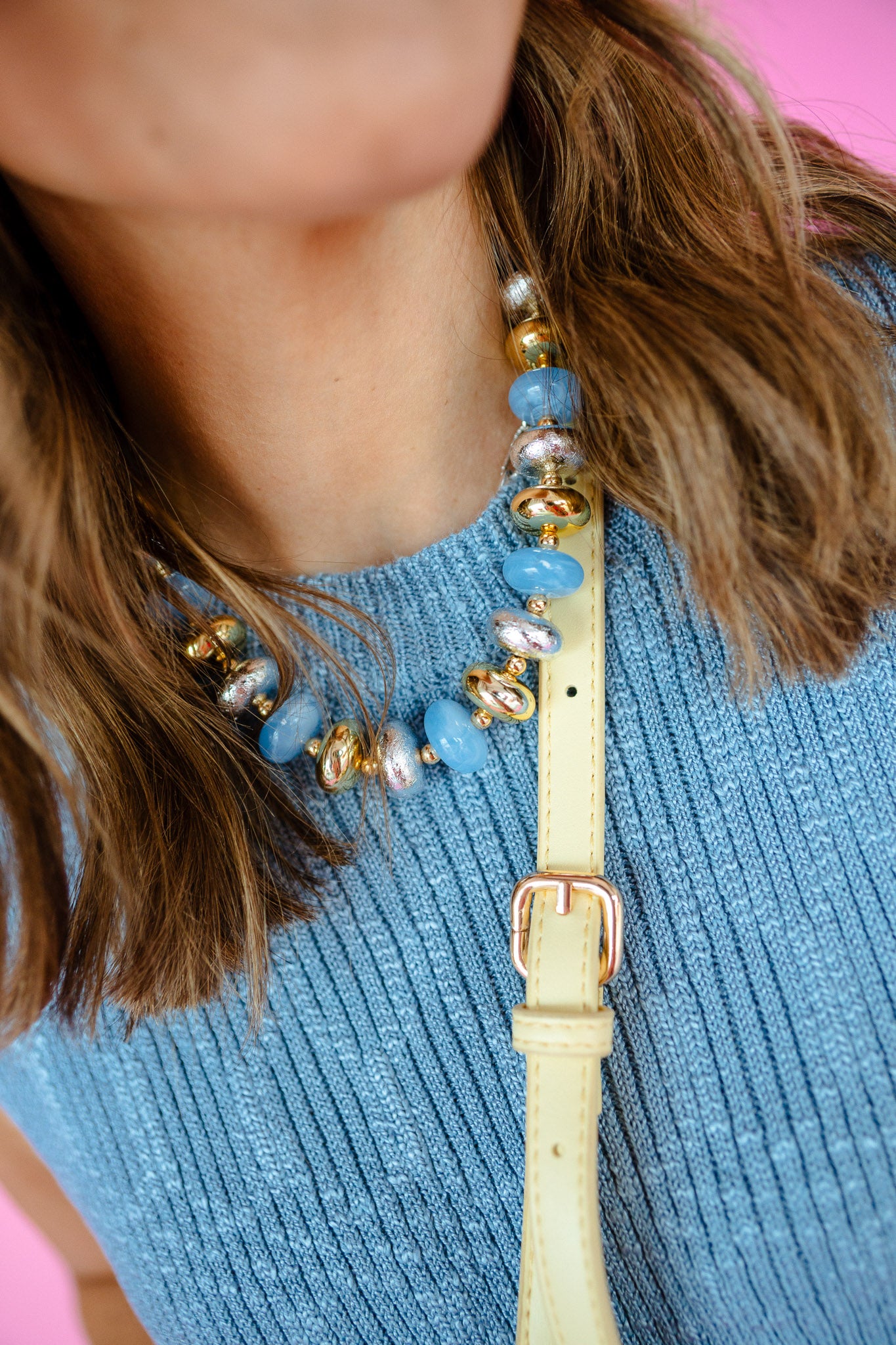 [Treasure Jewels] Frosted Sky Beaded Necklace - Gold + Silver + Sky Blue