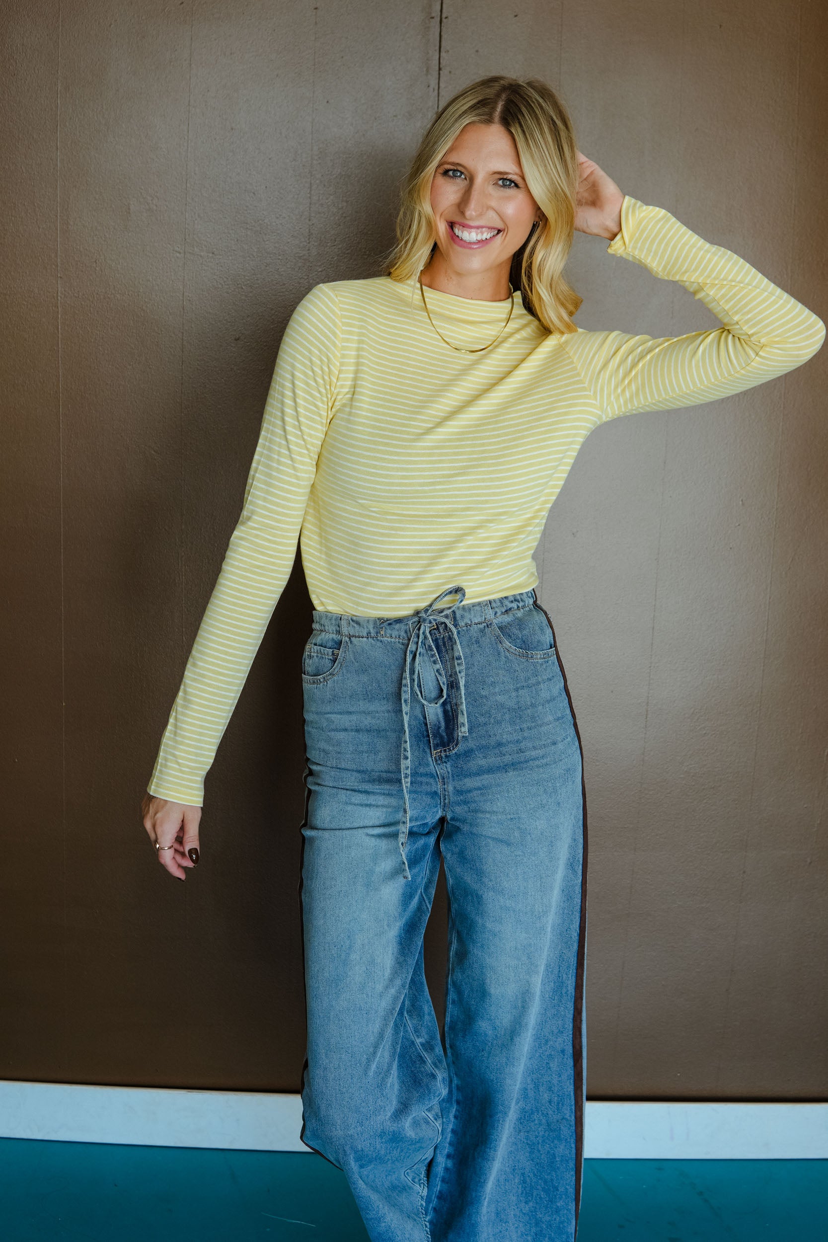 Lola Striped Mock Neck Top - Corn Yellow