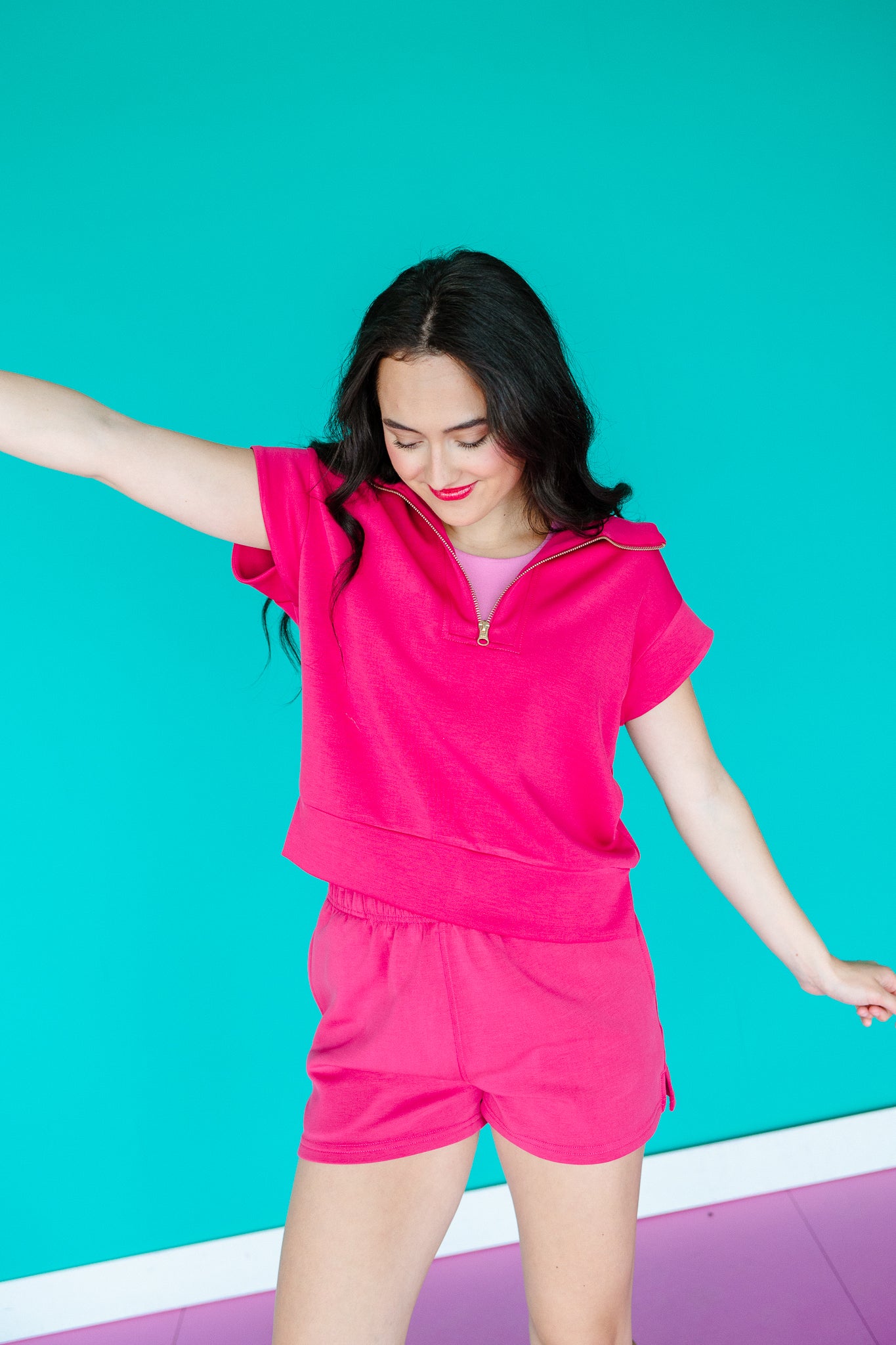 Cassidy Half Zip Pullover and Shorts Set - Deep Raspberry