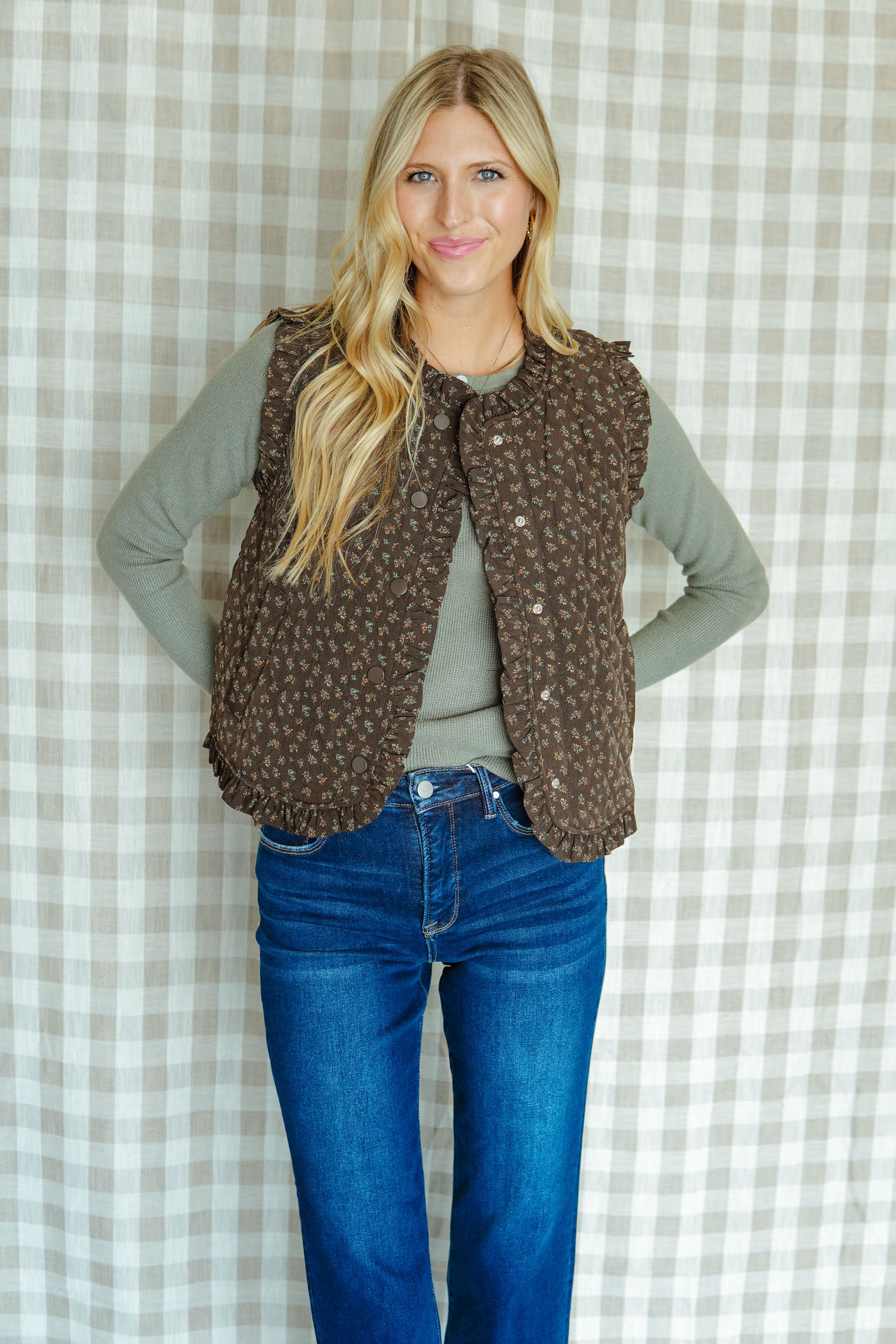 The Main Dish Floral Print Vest - Dark Brown + Apple Jade + Tan