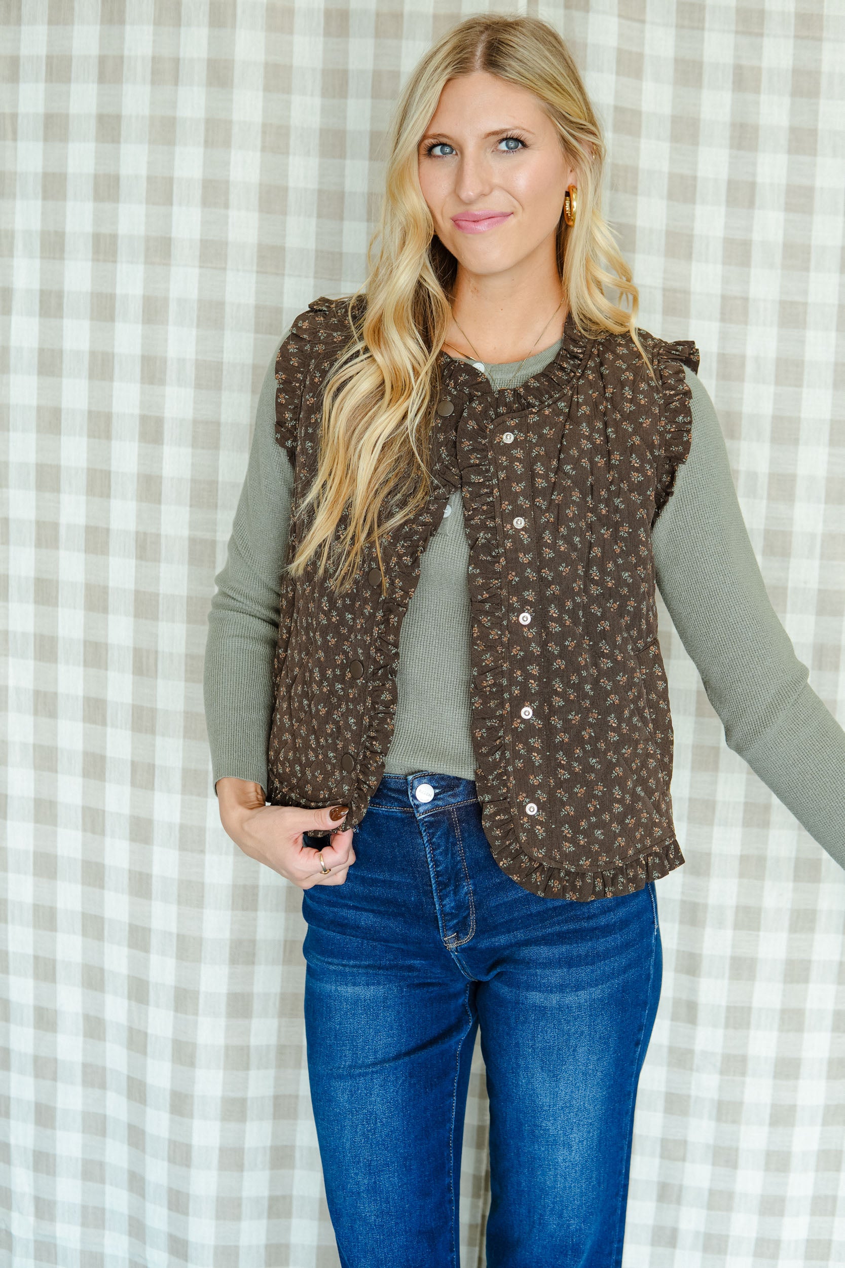 The Main Dish Floral Print Vest - Dark Brown + Apple Jade + Tan