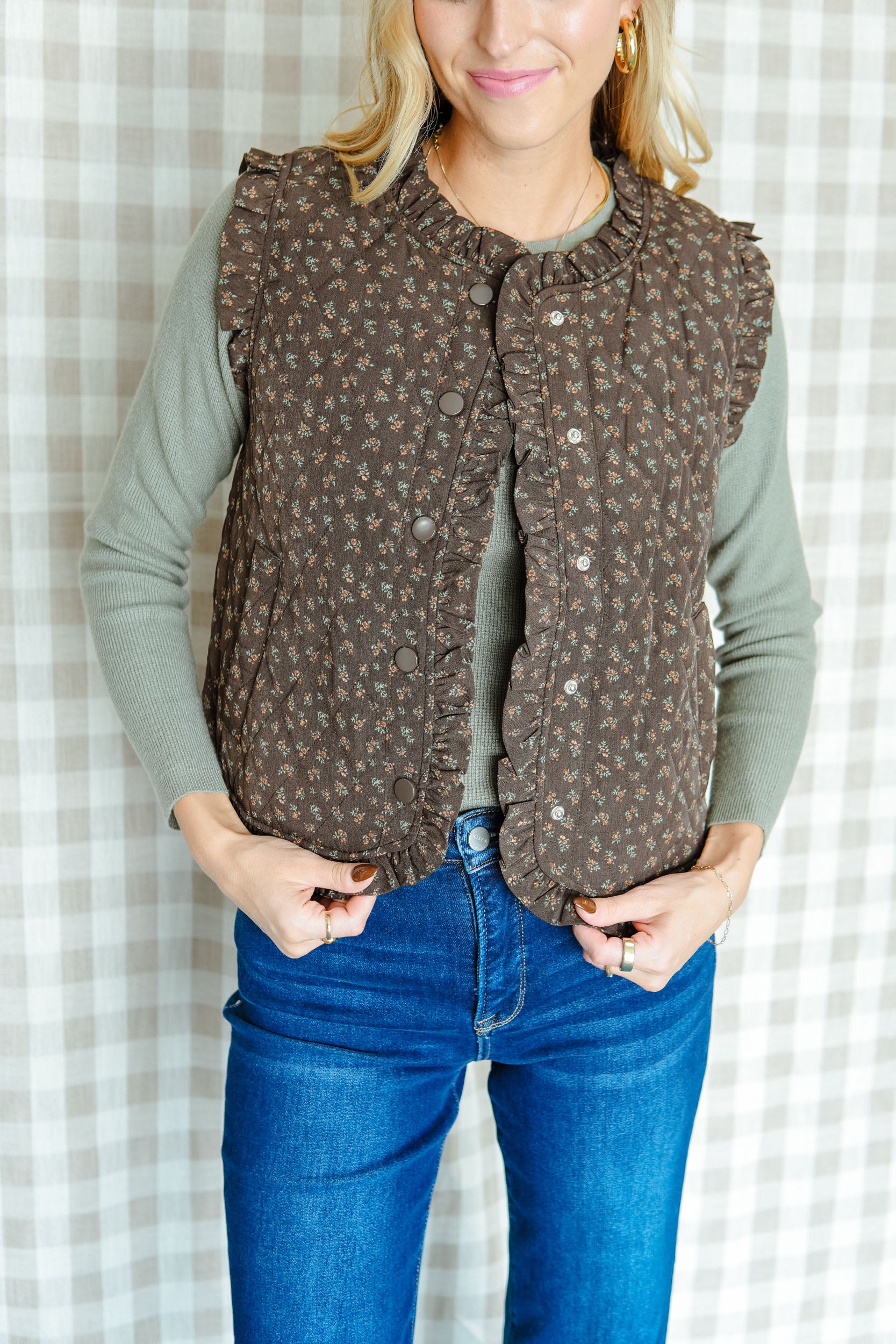 The Main Dish Floral Print Vest - Dark Brown + Apple Jade + Tan