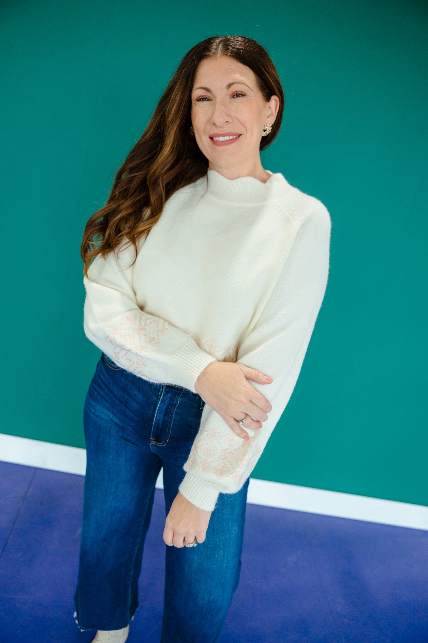 Neely Scalloped Embroidered Sweater - Cream + Shell Pink