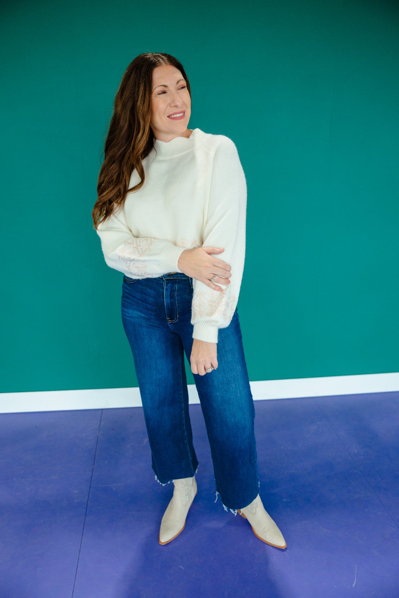 Neely Scalloped Embroidered Sweater - Cream + Shell Pink