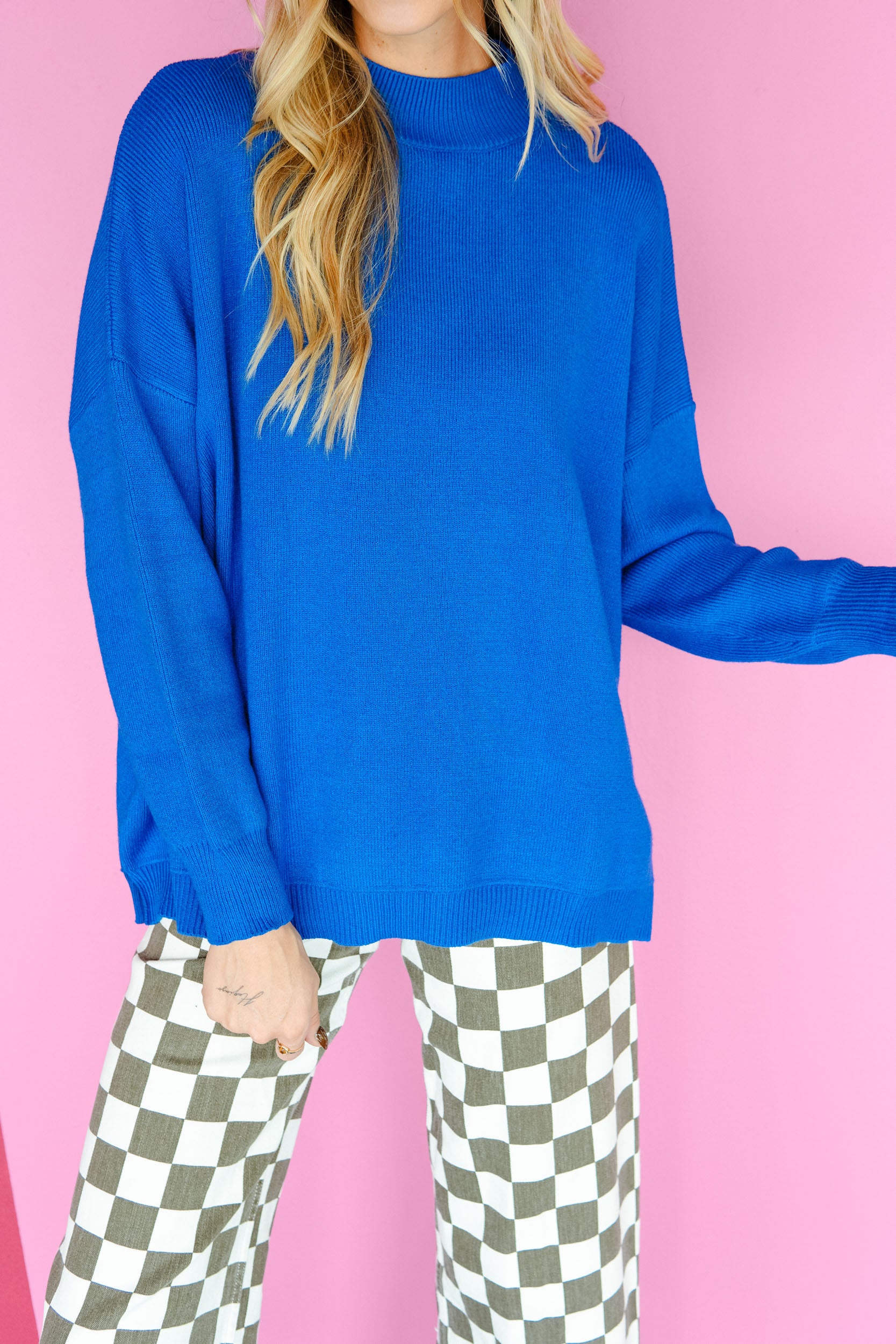 Grateful Girlie Mock Neck Sweater - Bright Navy