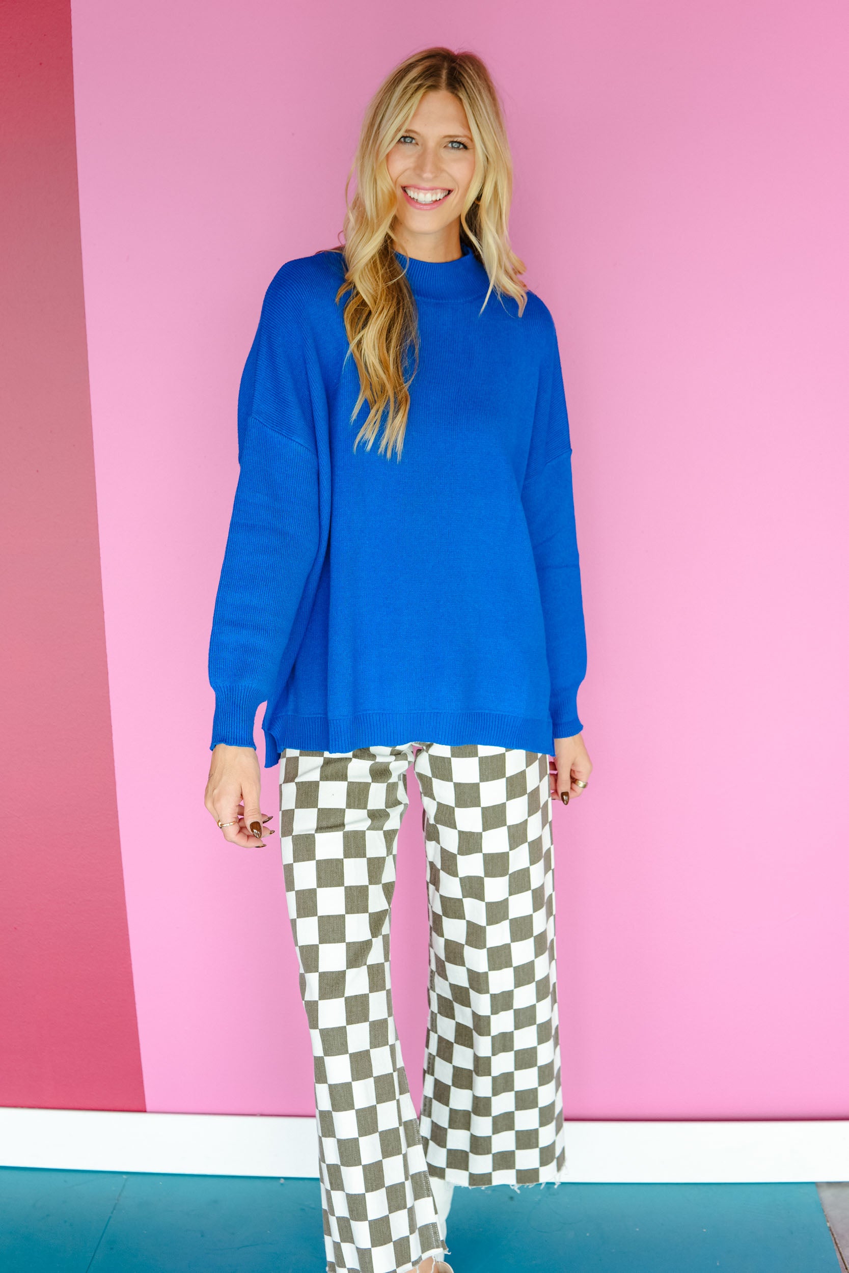 Grateful Girlie Mock Neck Sweater - Bright Navy