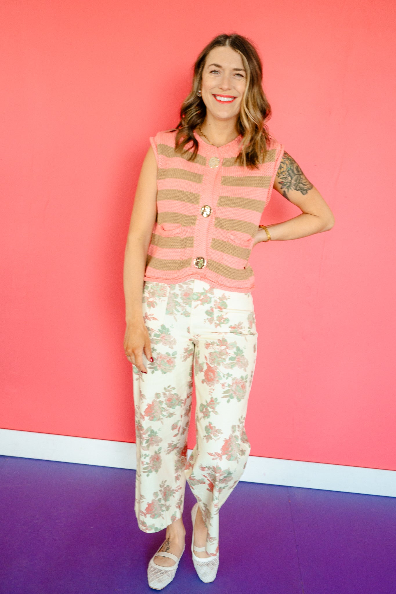 Trisha Striped Sleeveless Sweater - Coral + Tan