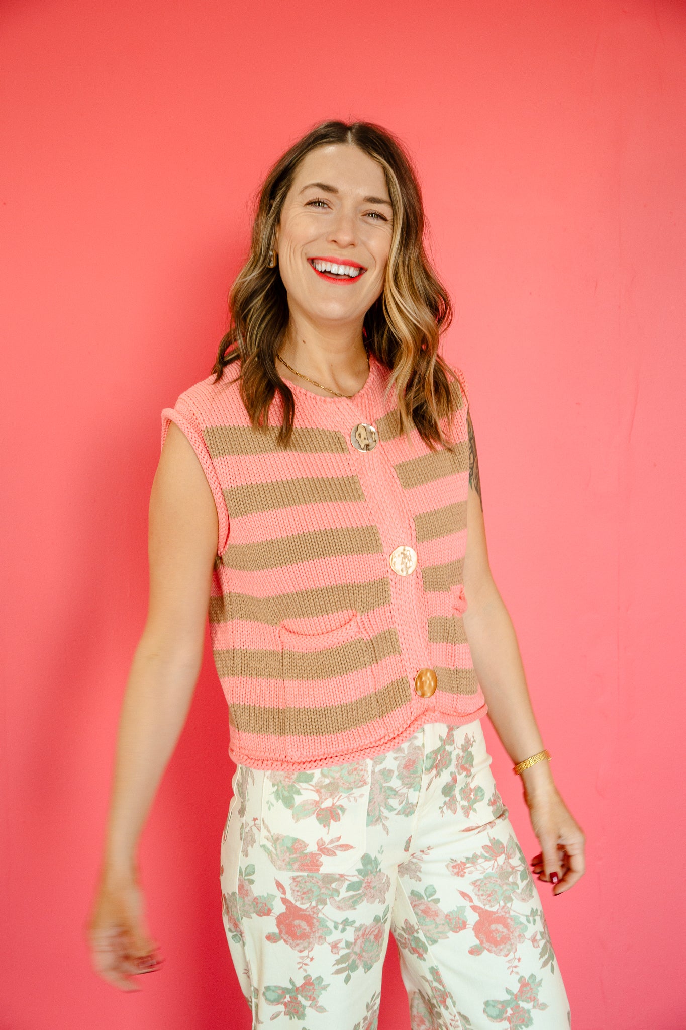 Trisha Striped Sleeveless Sweater - Coral + Tan