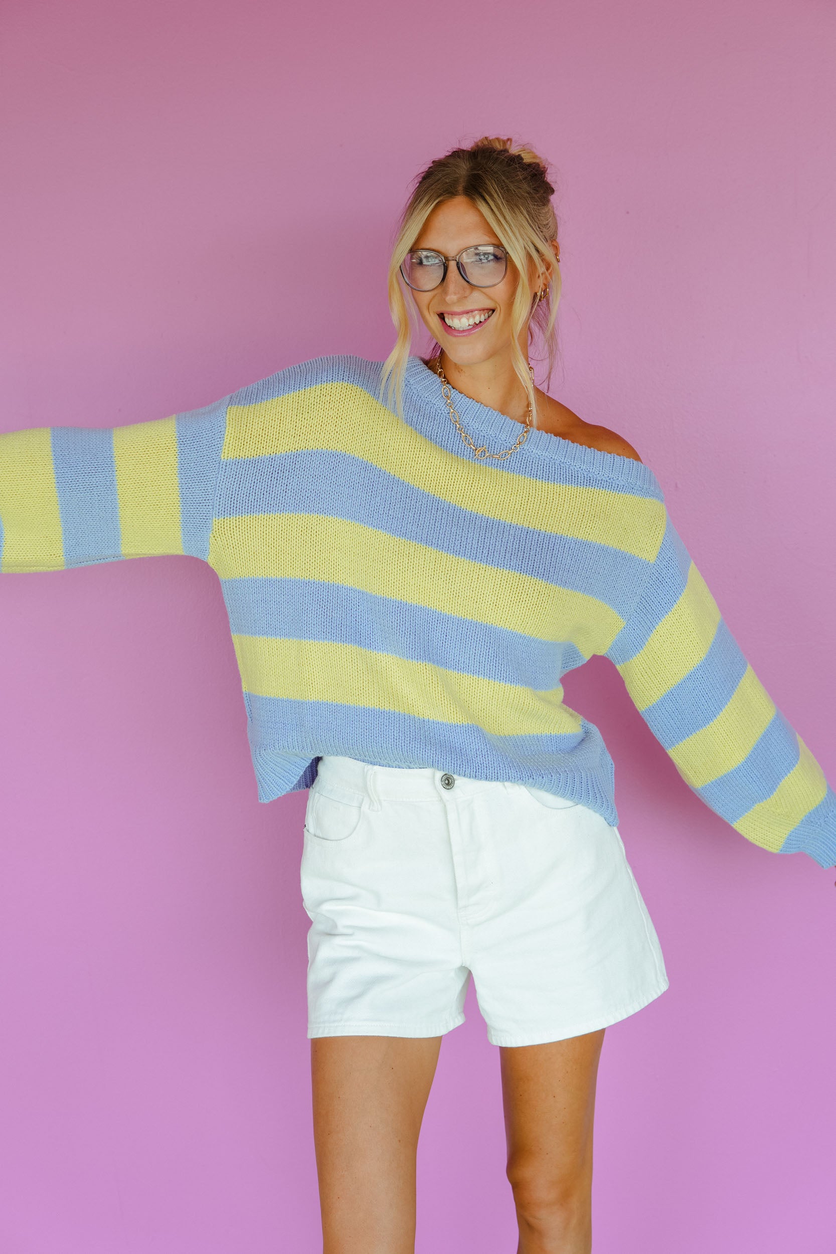 Cozy Company Striped Asymmetrical Sweater - Powder Blue