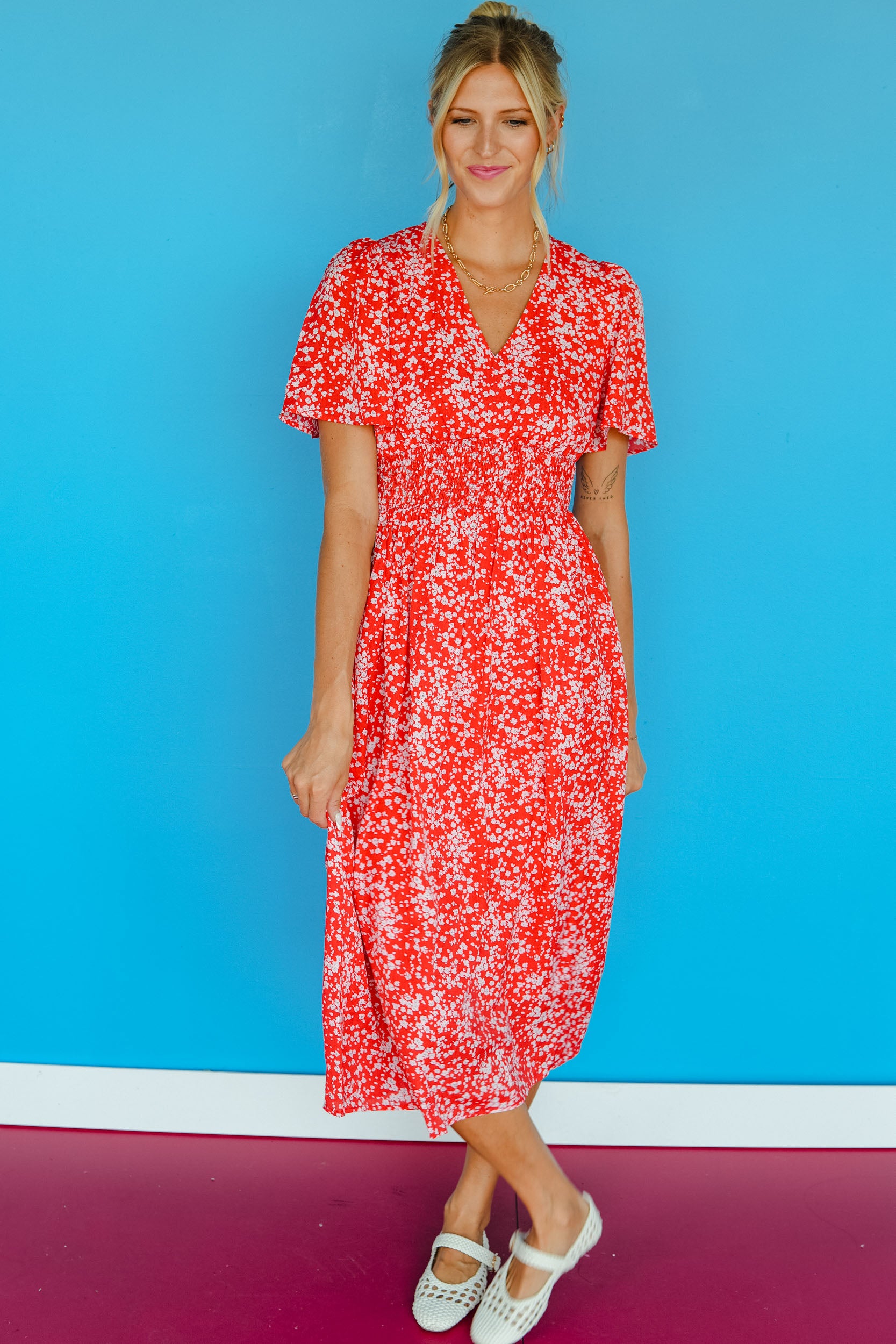 Magnolia Floral Midi Dress - Geranium Red