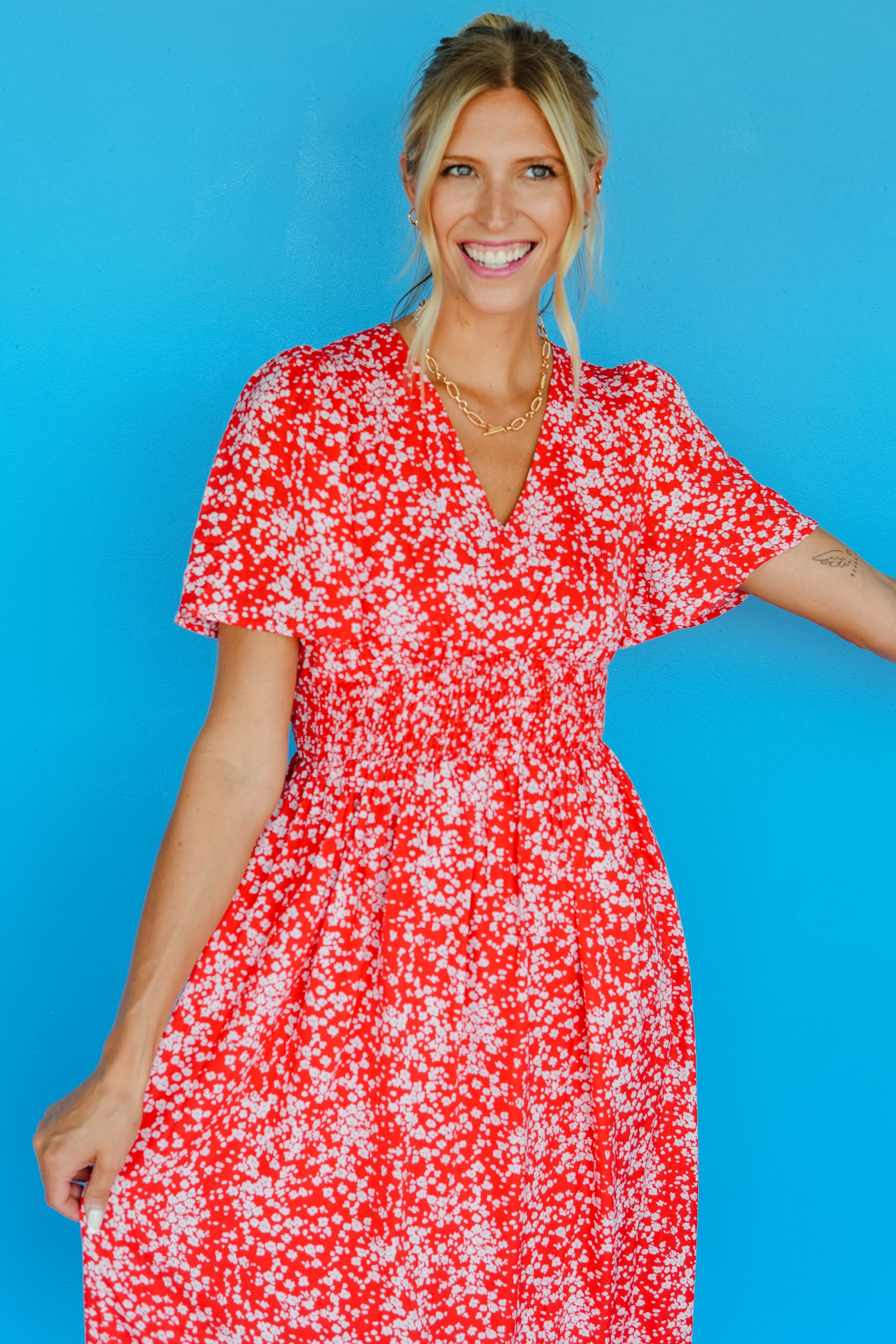 Magnolia Floral Midi Dress - Geranium Red