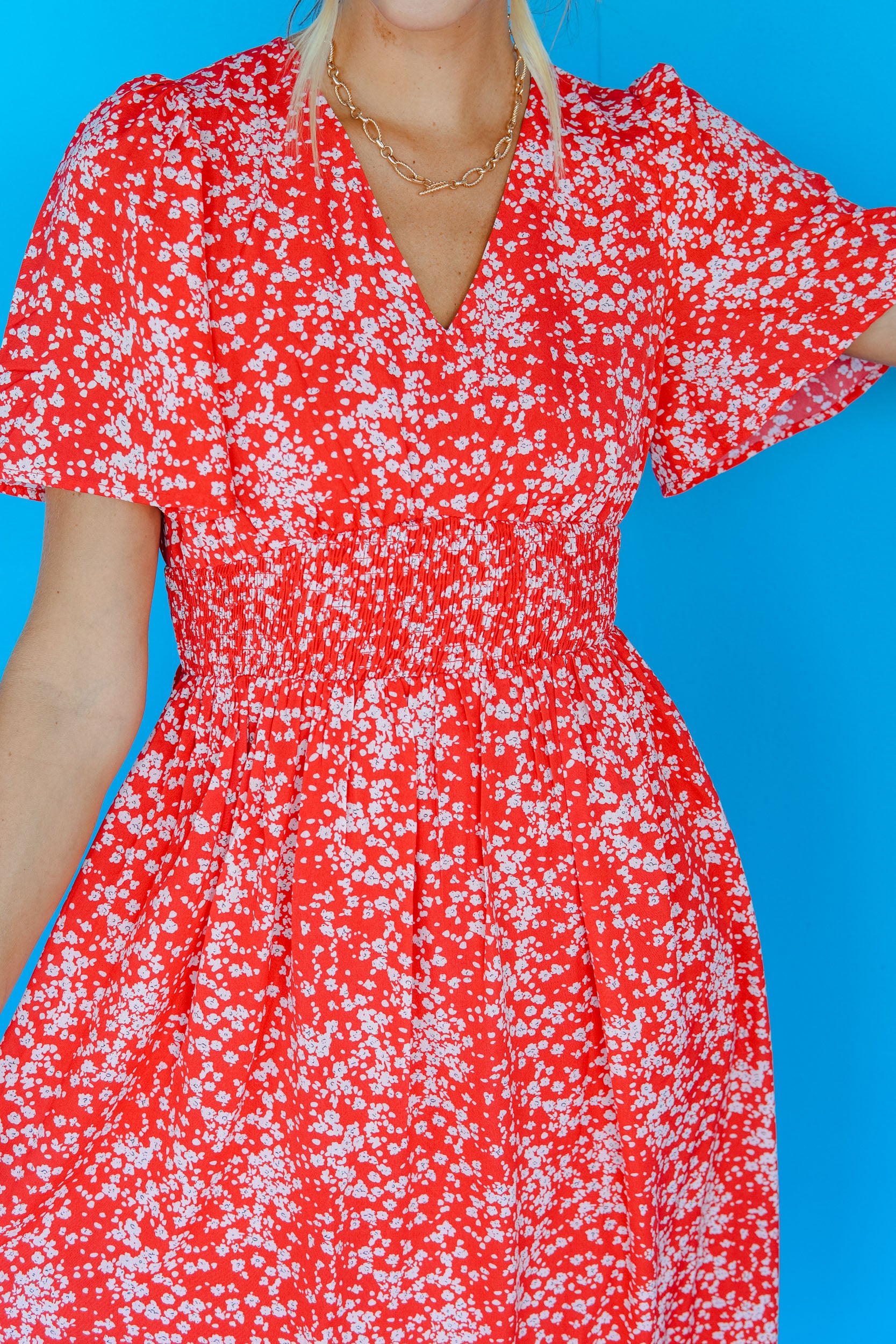 Magnolia Floral Midi Dress - Geranium Red
