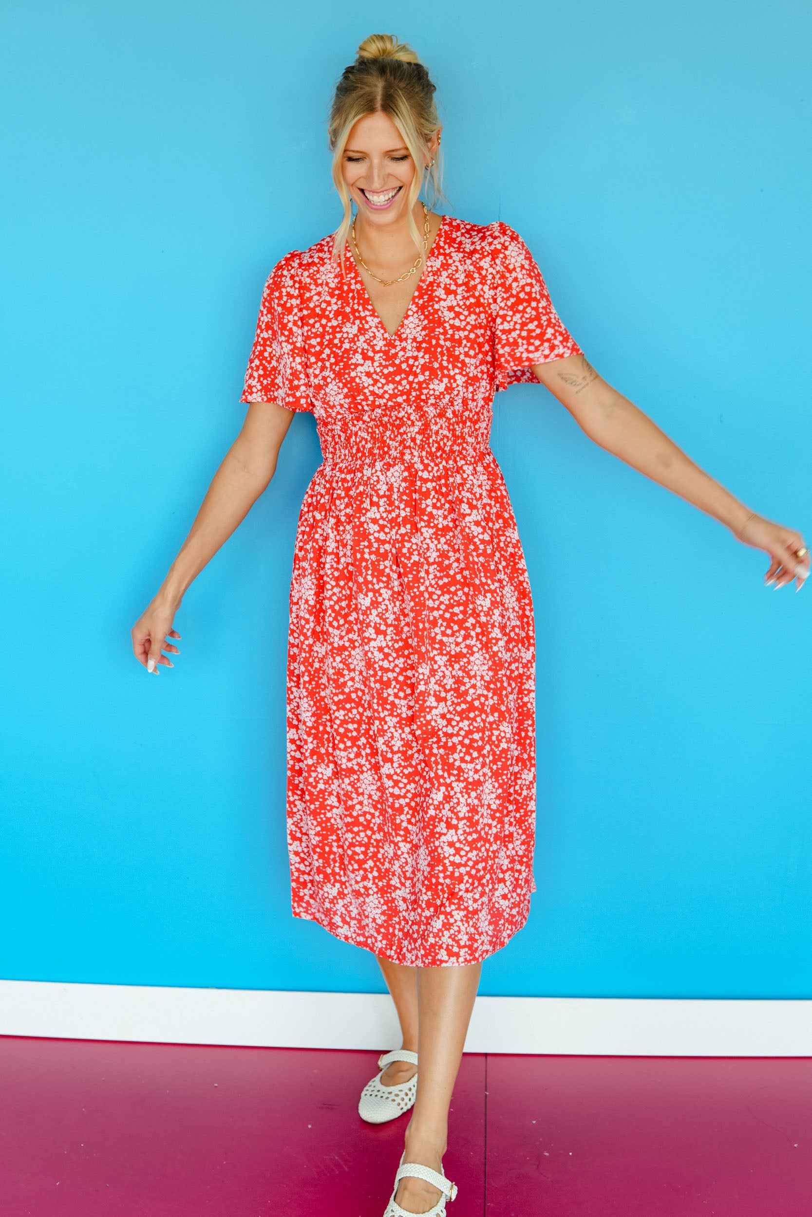 Magnolia Floral Midi Dress - Geranium Red