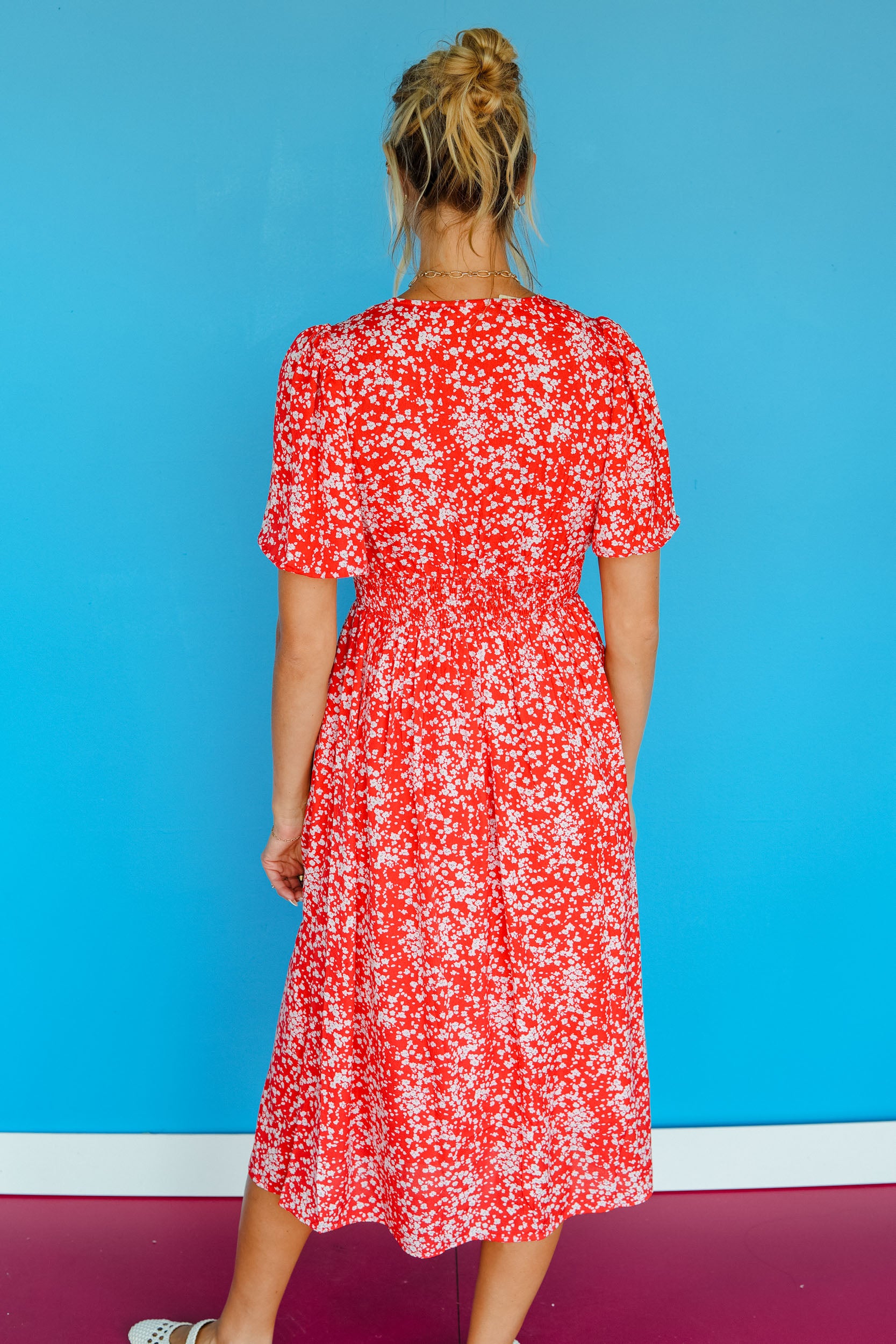 Magnolia Floral Midi Dress - Geranium Red