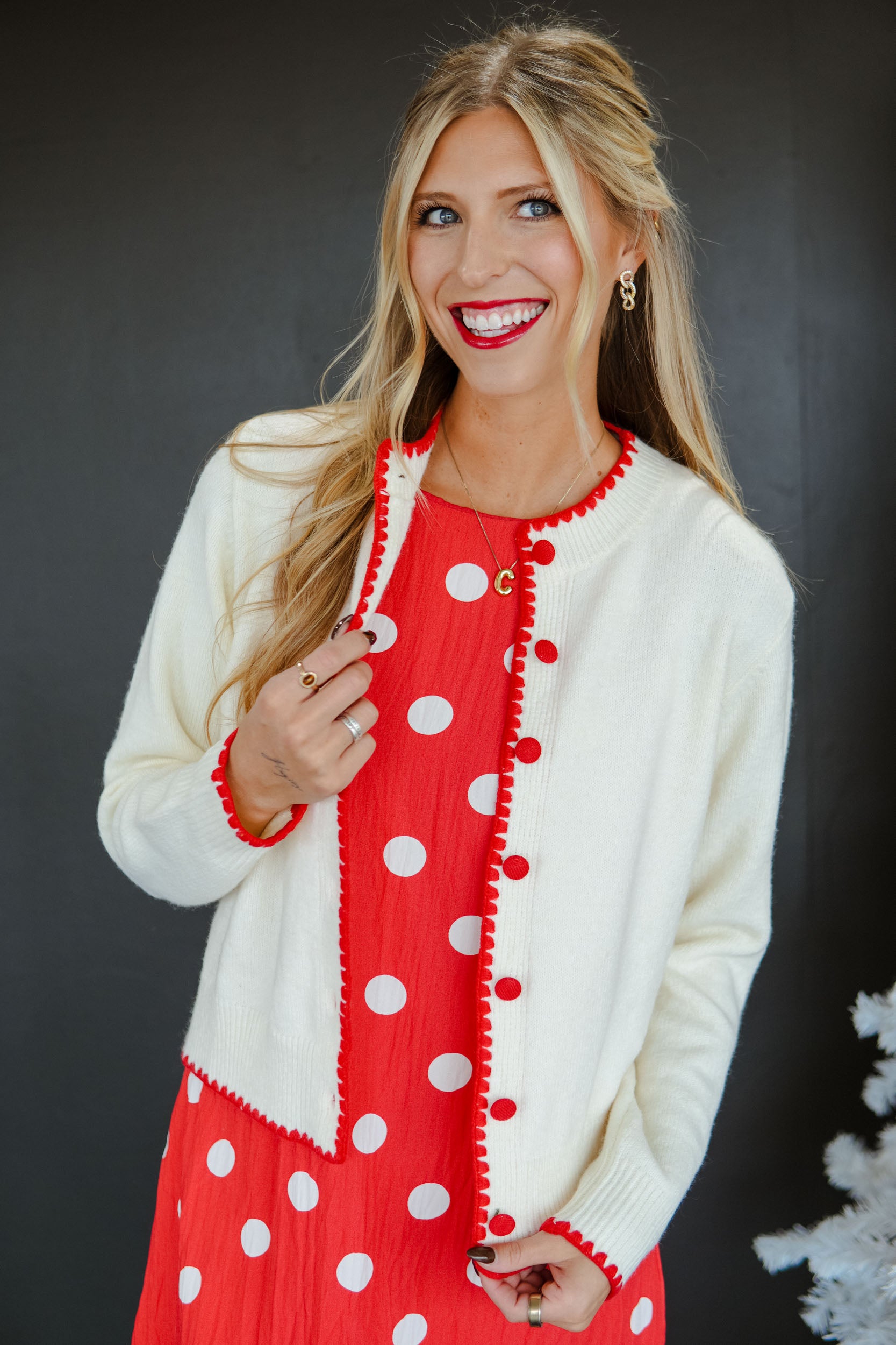 Classic Christmas Cardigan - Cream + True Red