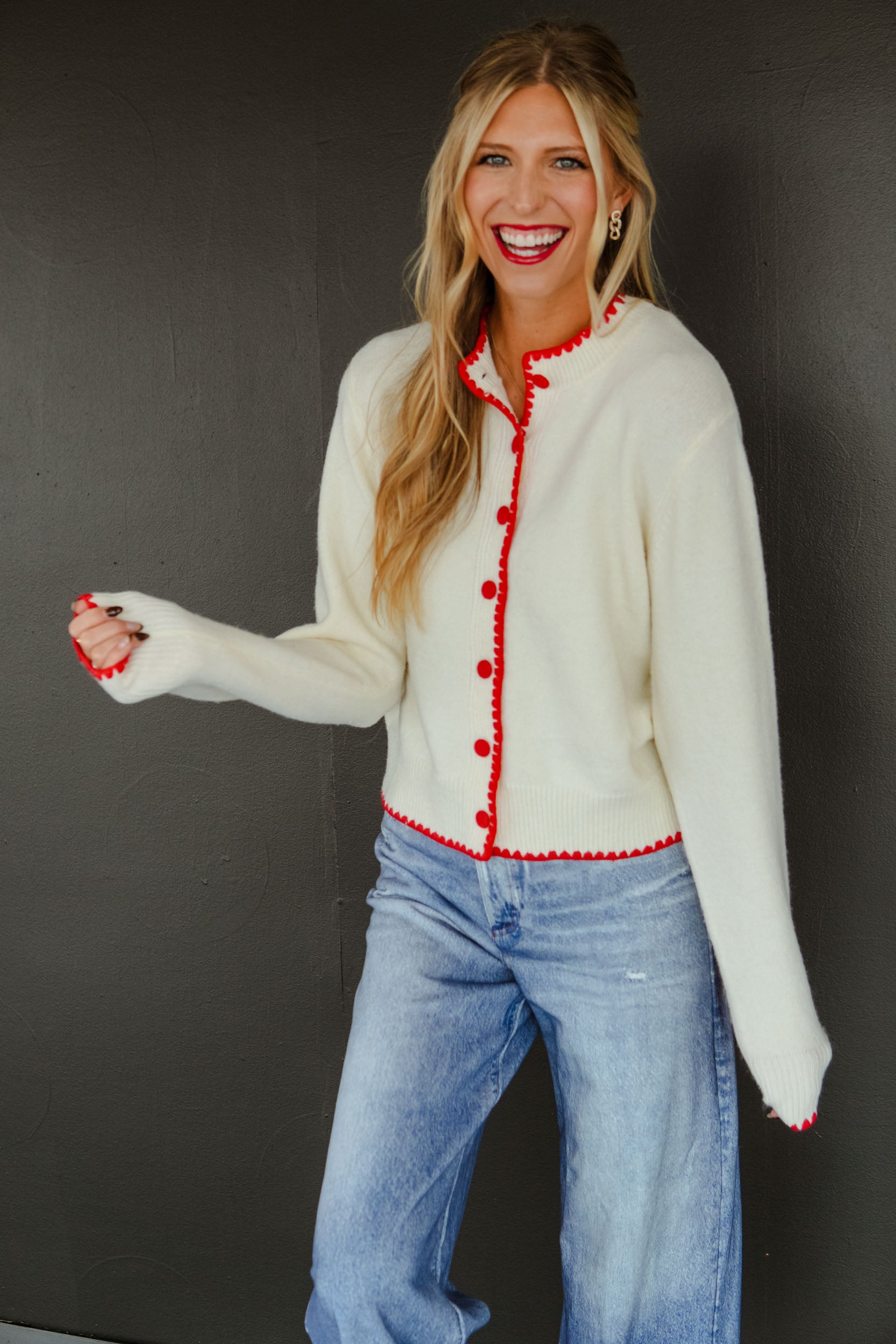 Classic Christmas Cardigan - Cream + True Red