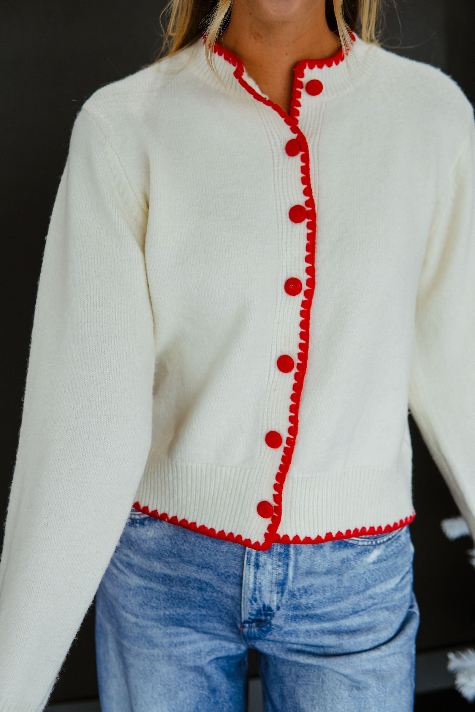 Classic Christmas Cardigan - Cream + True Red