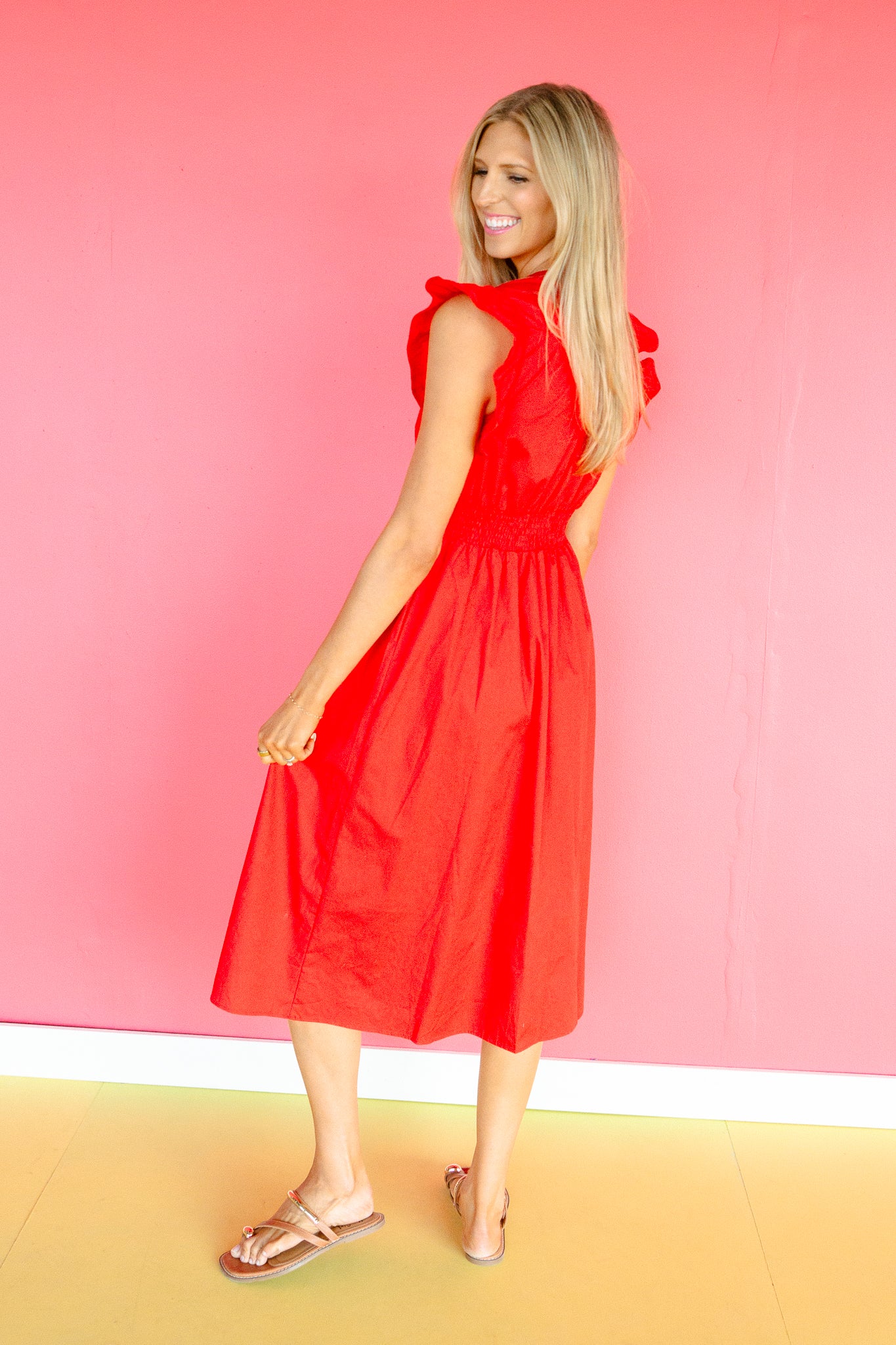 Dinah Ruffle Sleeve Midi Dress - True Red