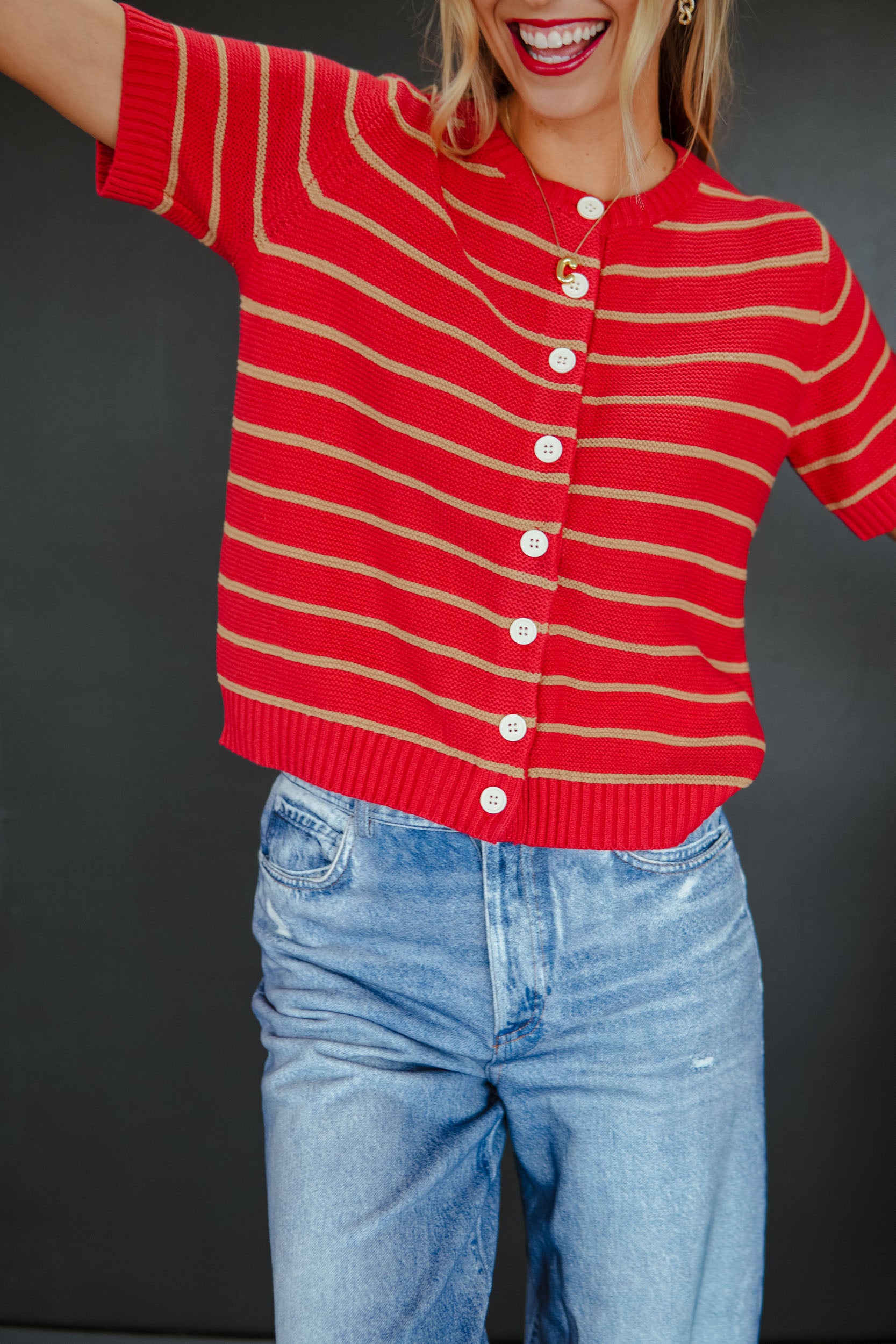 Jolly Time Stripe Sweater - Camel + Red