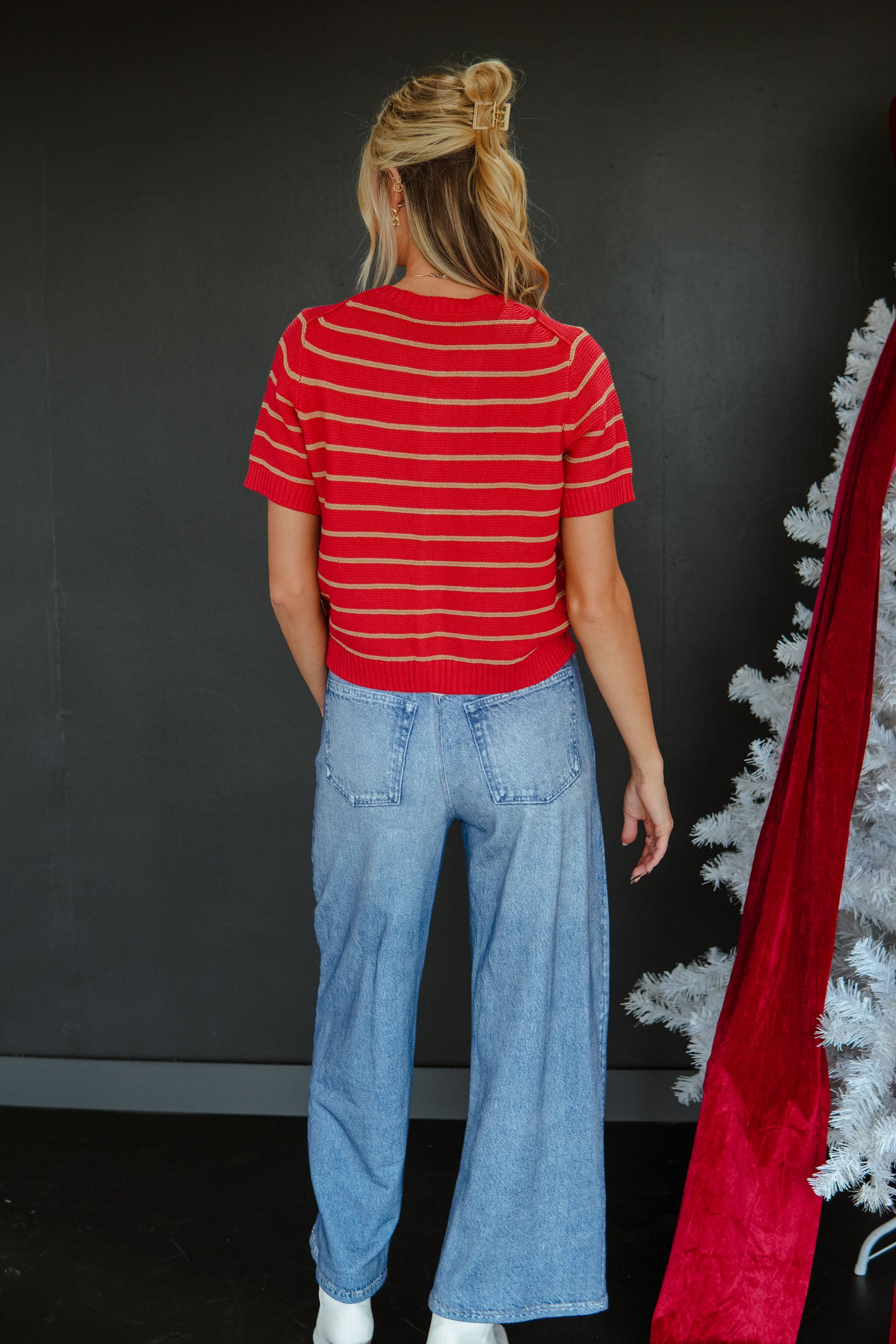 Jolly Time Stripe Sweater - Camel + Red