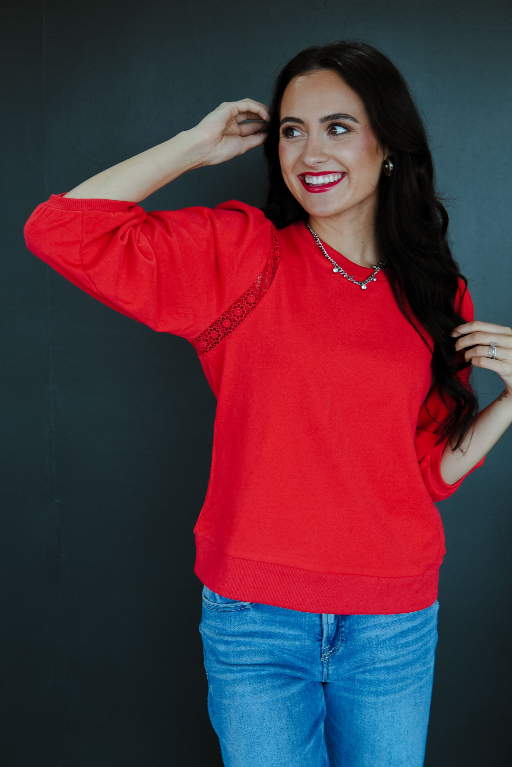 Ruby Puff Sleeve Sweater - Coral Red