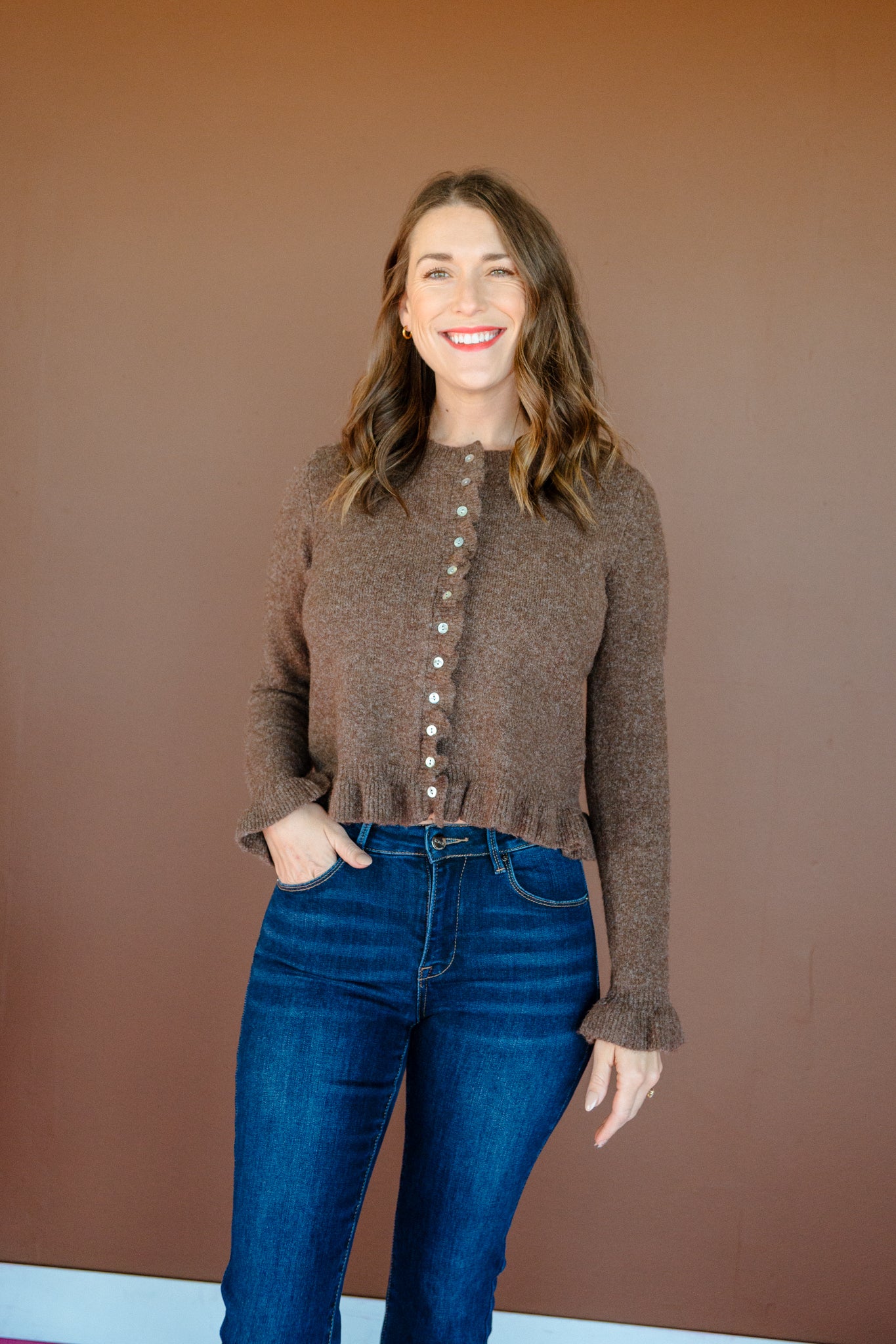 Josie Ruffle Hem Cardigan - Coffee/Rose Brown