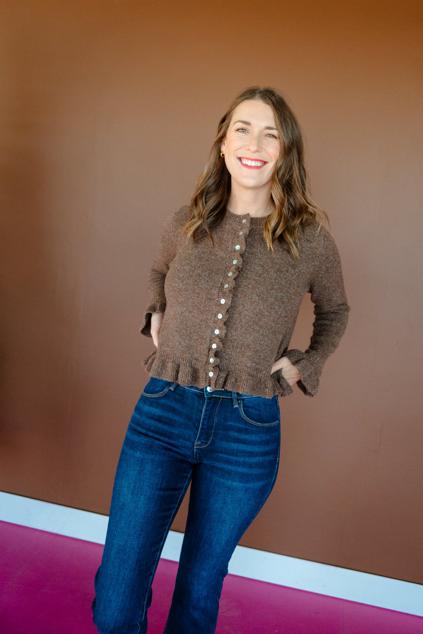 Josie Ruffle Hem Cardigan - Coffee/Rose Brown