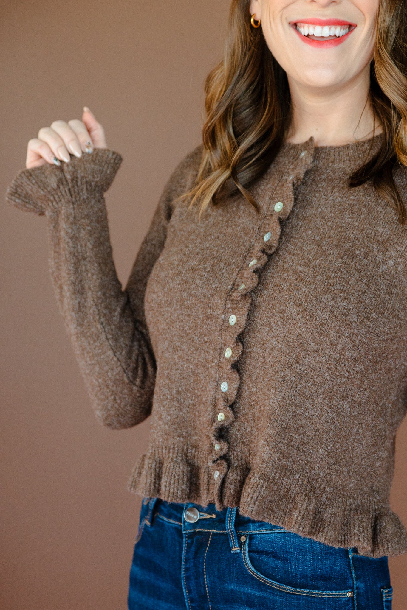 Josie Ruffle Hem Cardigan - Coffee/Rose Brown