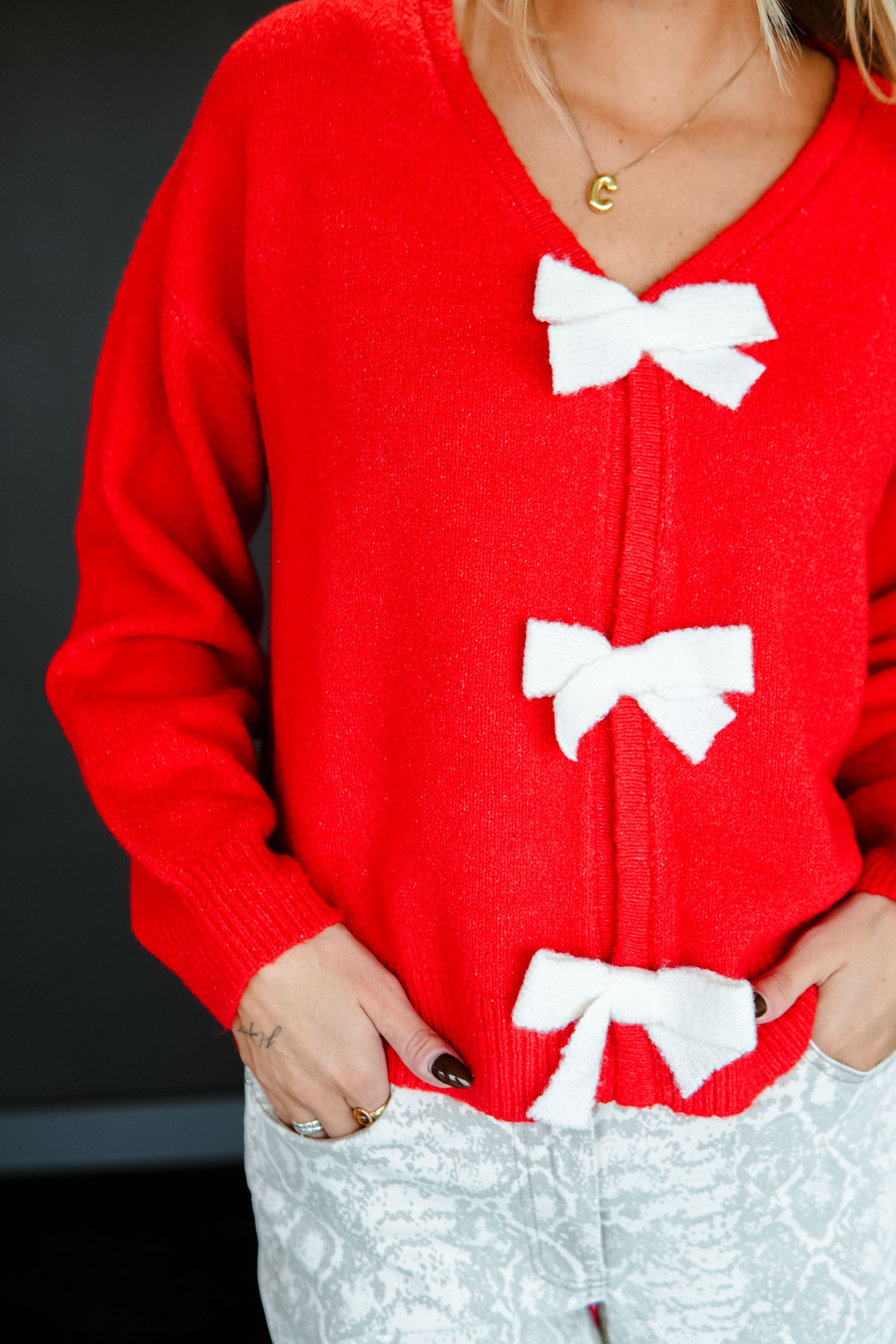Holiday Cheer Bow Cardigan - Geranium + White