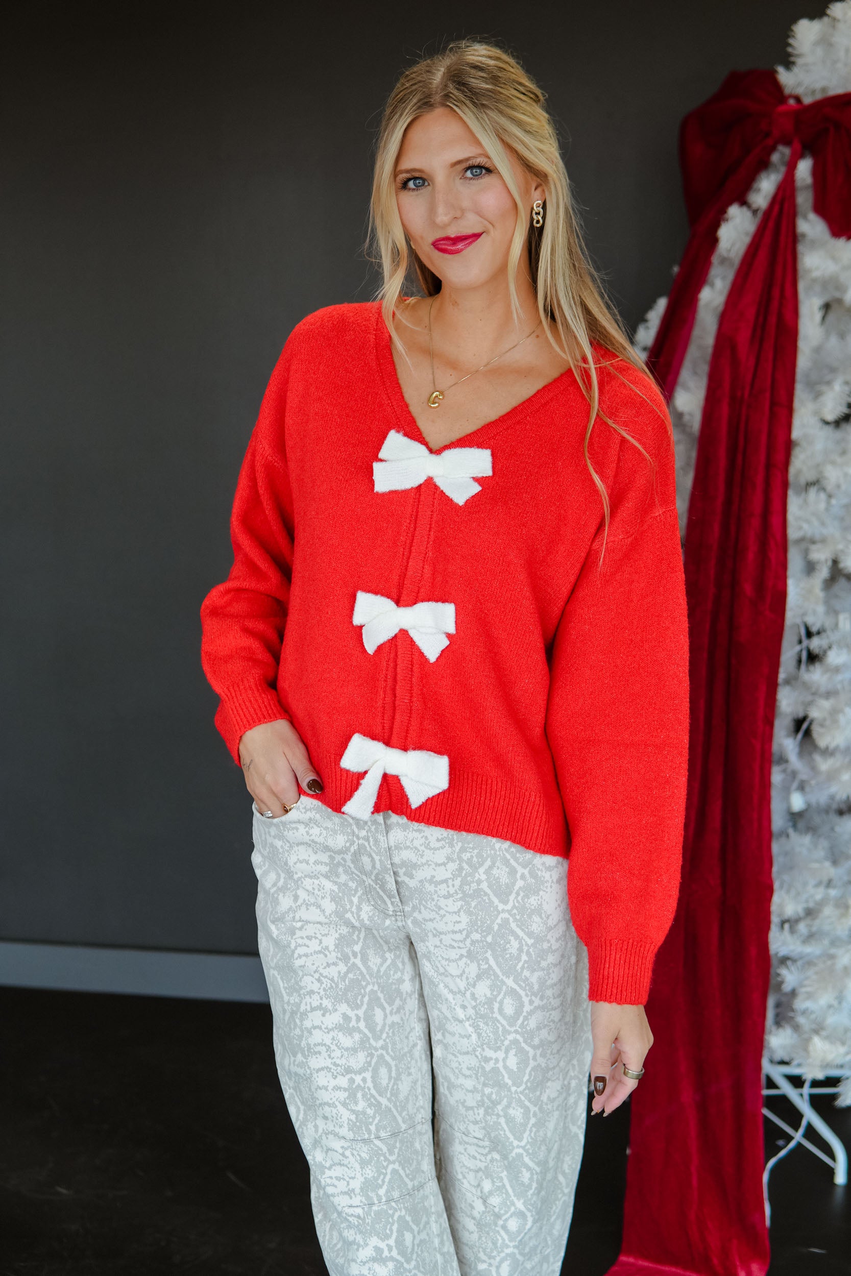 Holiday Cheer Bow Cardigan - Geranium + White