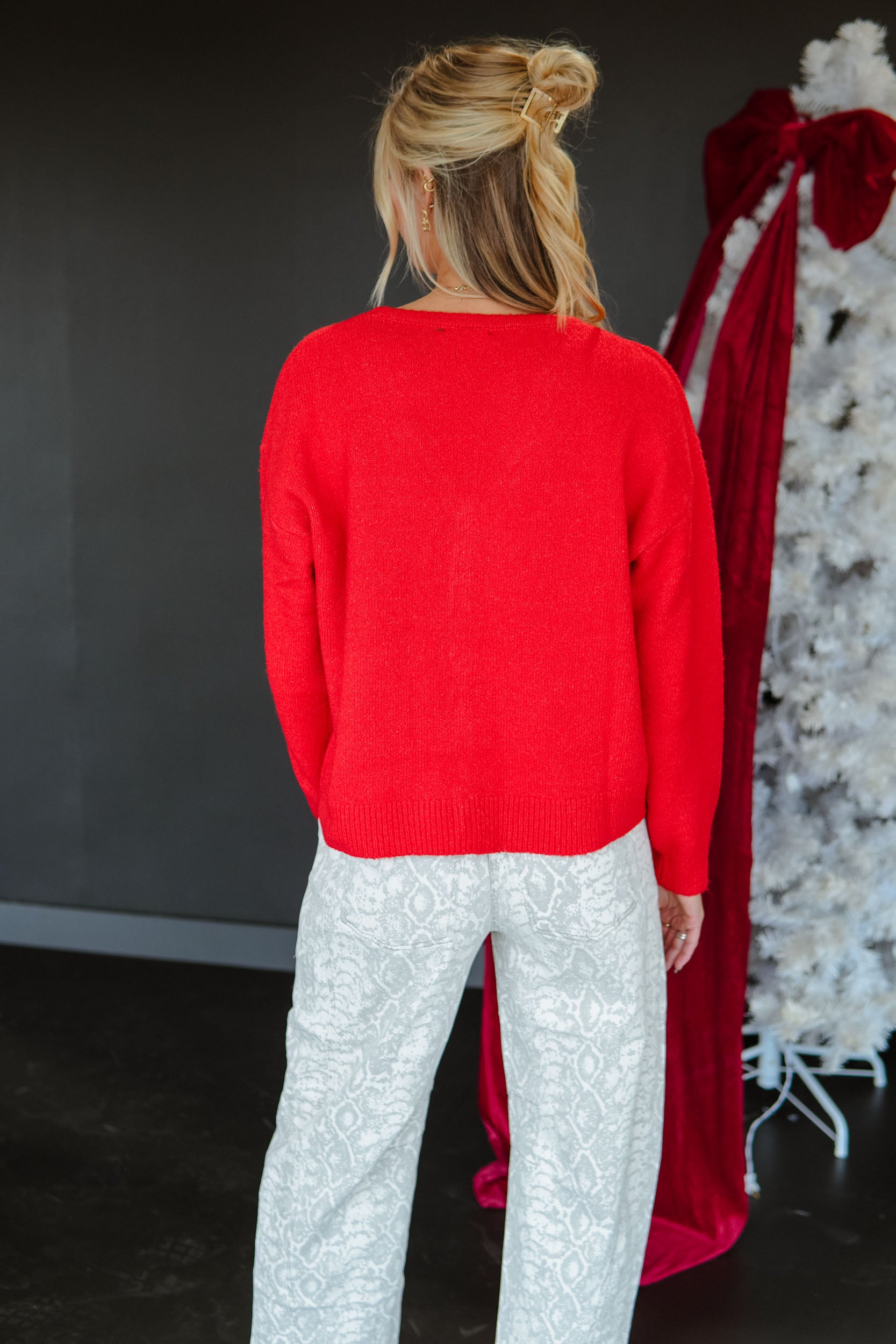 Holiday Cheer Bow Cardigan - Geranium + White