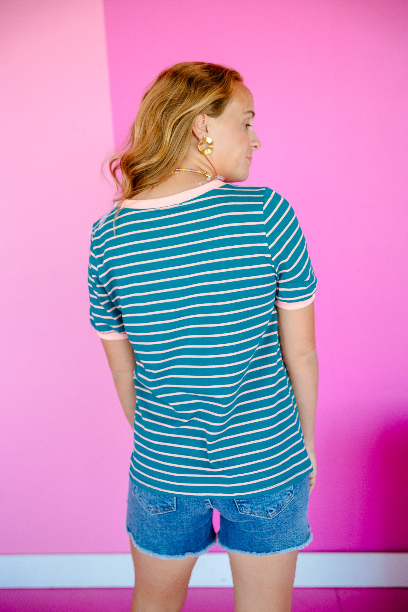 Nyla Striped Tee - Kingfisher + Rosewood