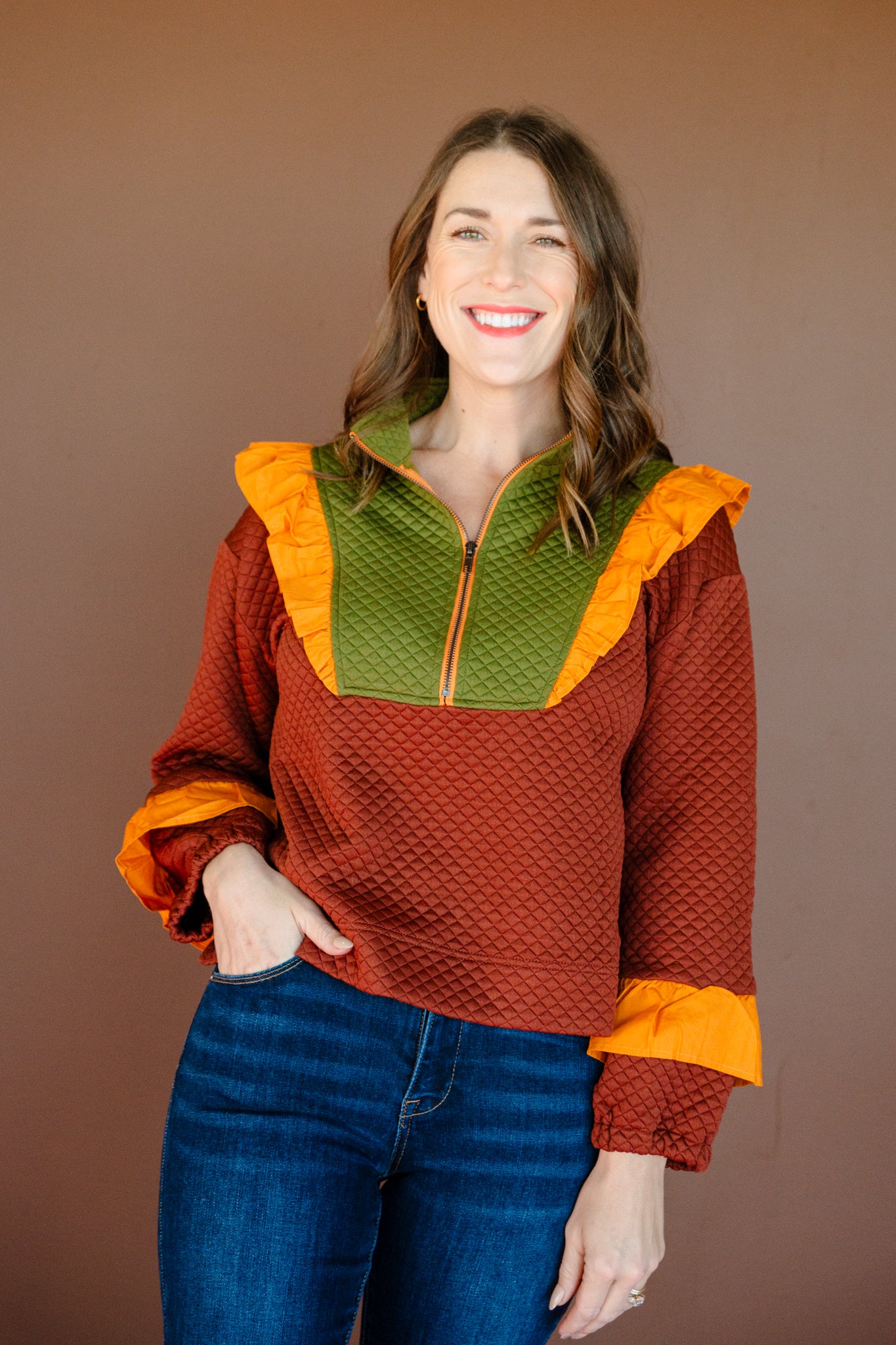 Lois Colorblock Quarter Zip - Olive + Mustard + Chocolate