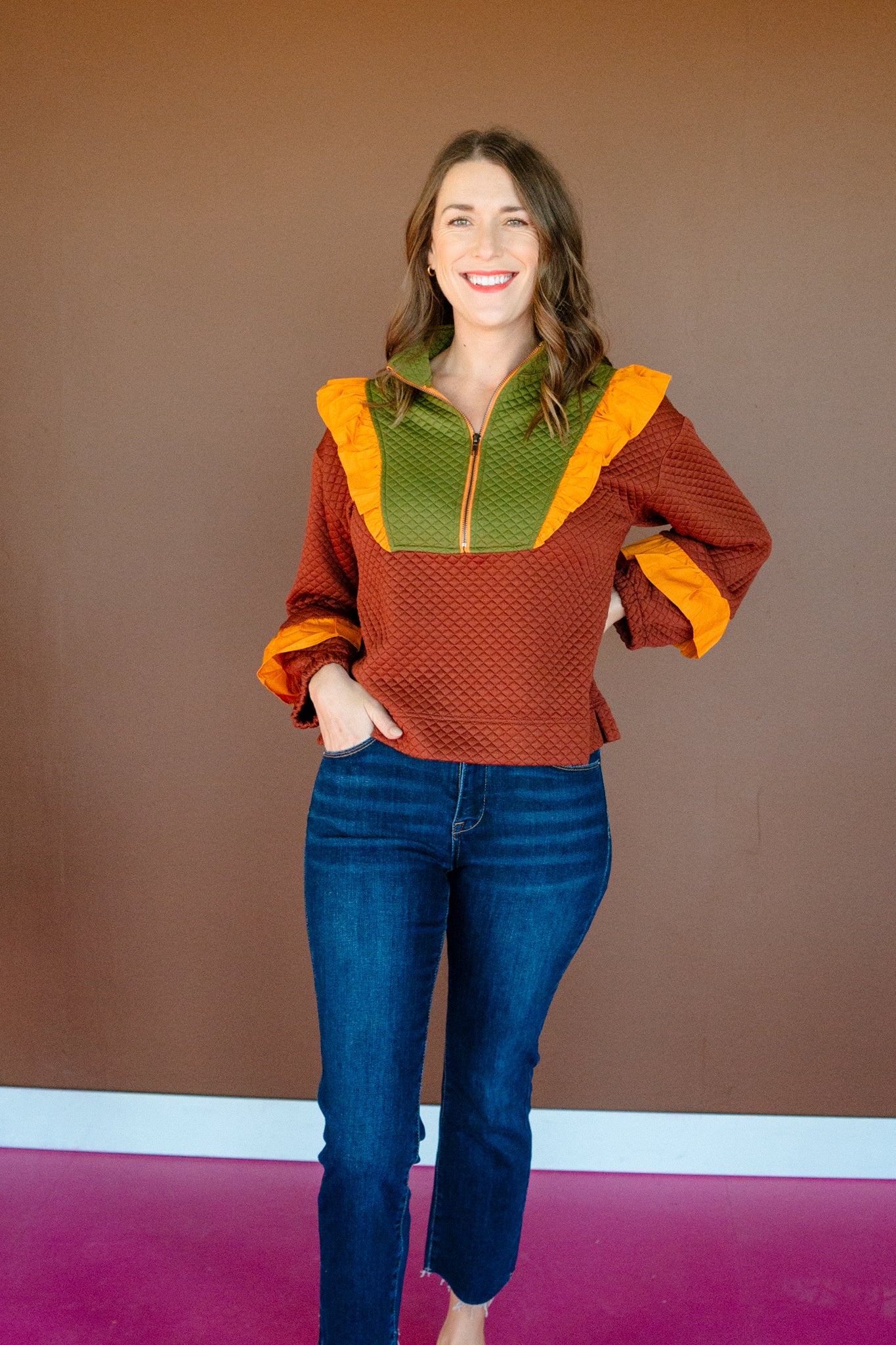 Lois Colorblock Quarter Zip - Olive + Mustard + Chocolate