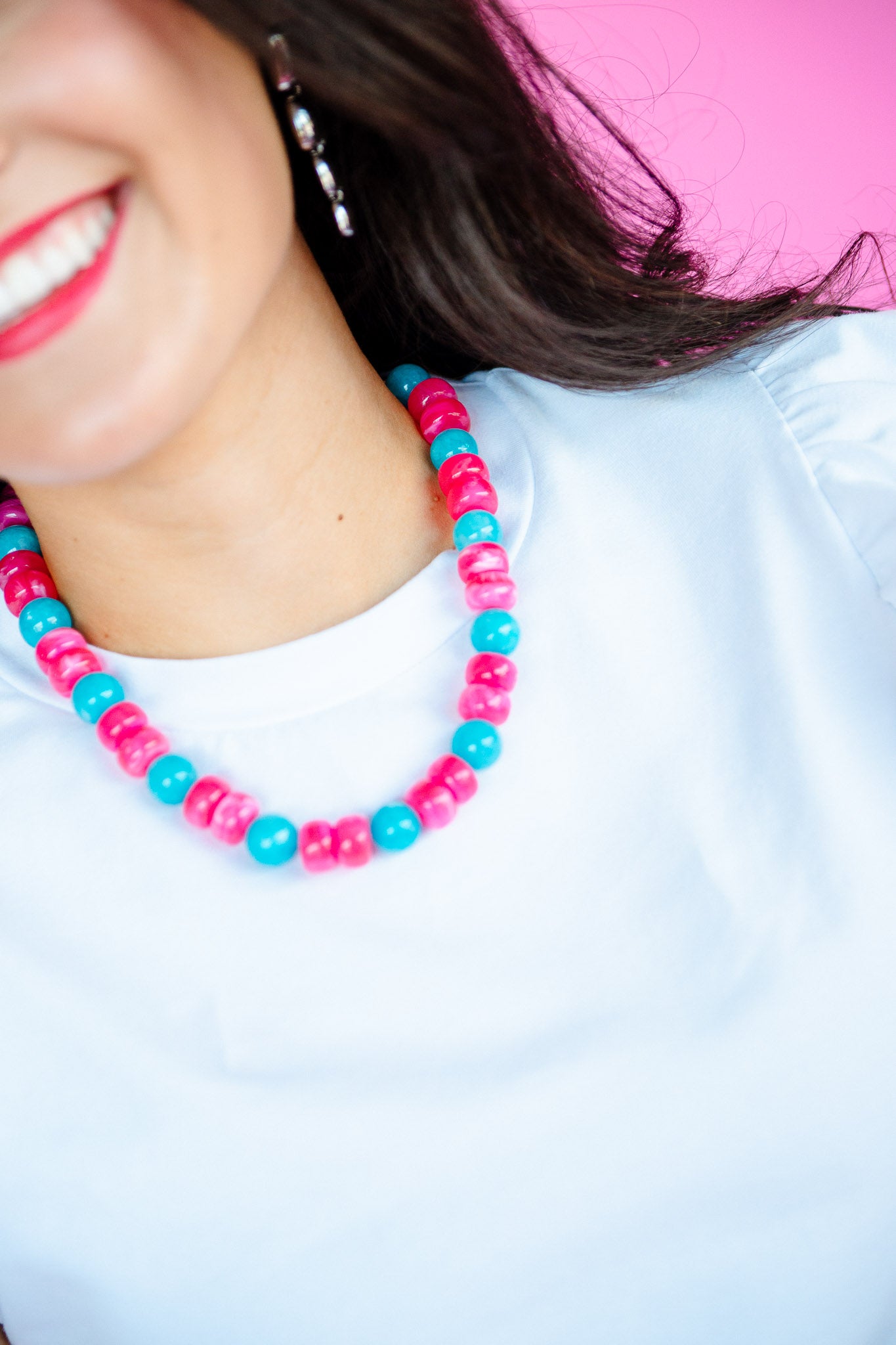 [Treasure Jewels] Fiesta Pop Beaded Necklace - Raspberry + Teal