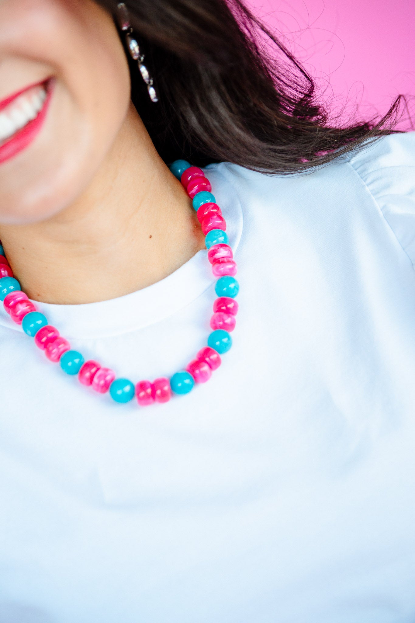 [Treasure Jewels] Fiesta Pop Beaded Necklace - Raspberry + Teal