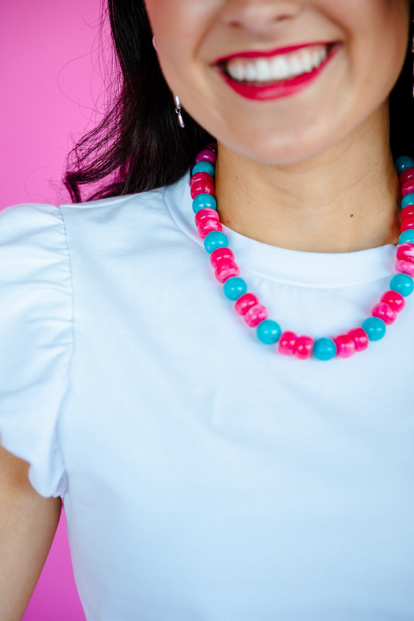 [Treasure Jewels] Fiesta Pop Beaded Necklace - Raspberry + Teal