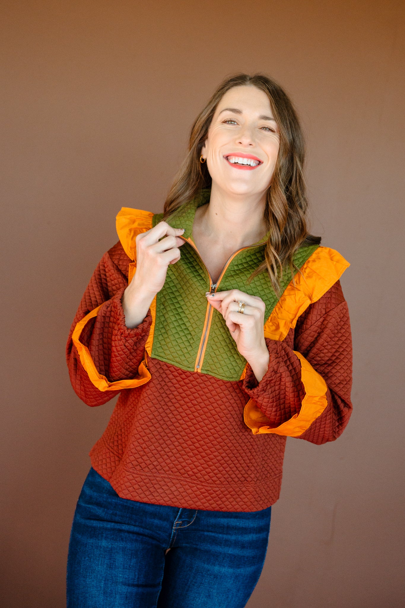 Lois Colorblock Quarter Zip - Olive + Mustard + Chocolate