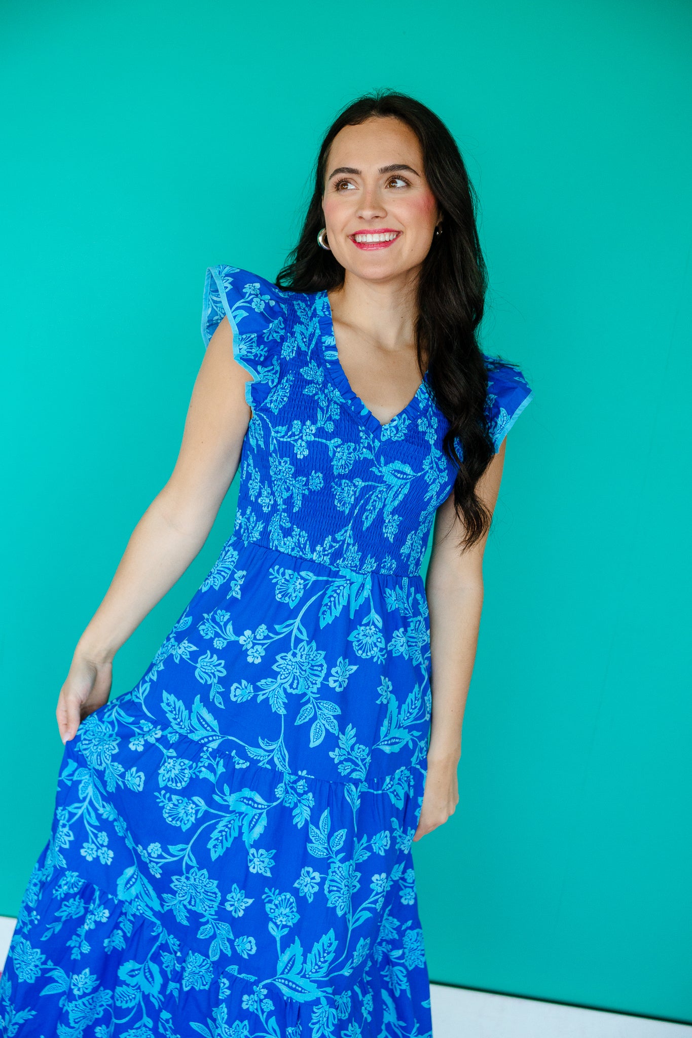 sugarlips dresses Halina Floral Puff Sleeve Mini Dress toppping a tiered layer maxi skirt with ruffle trim Delina Floral Patte Tiered Midi