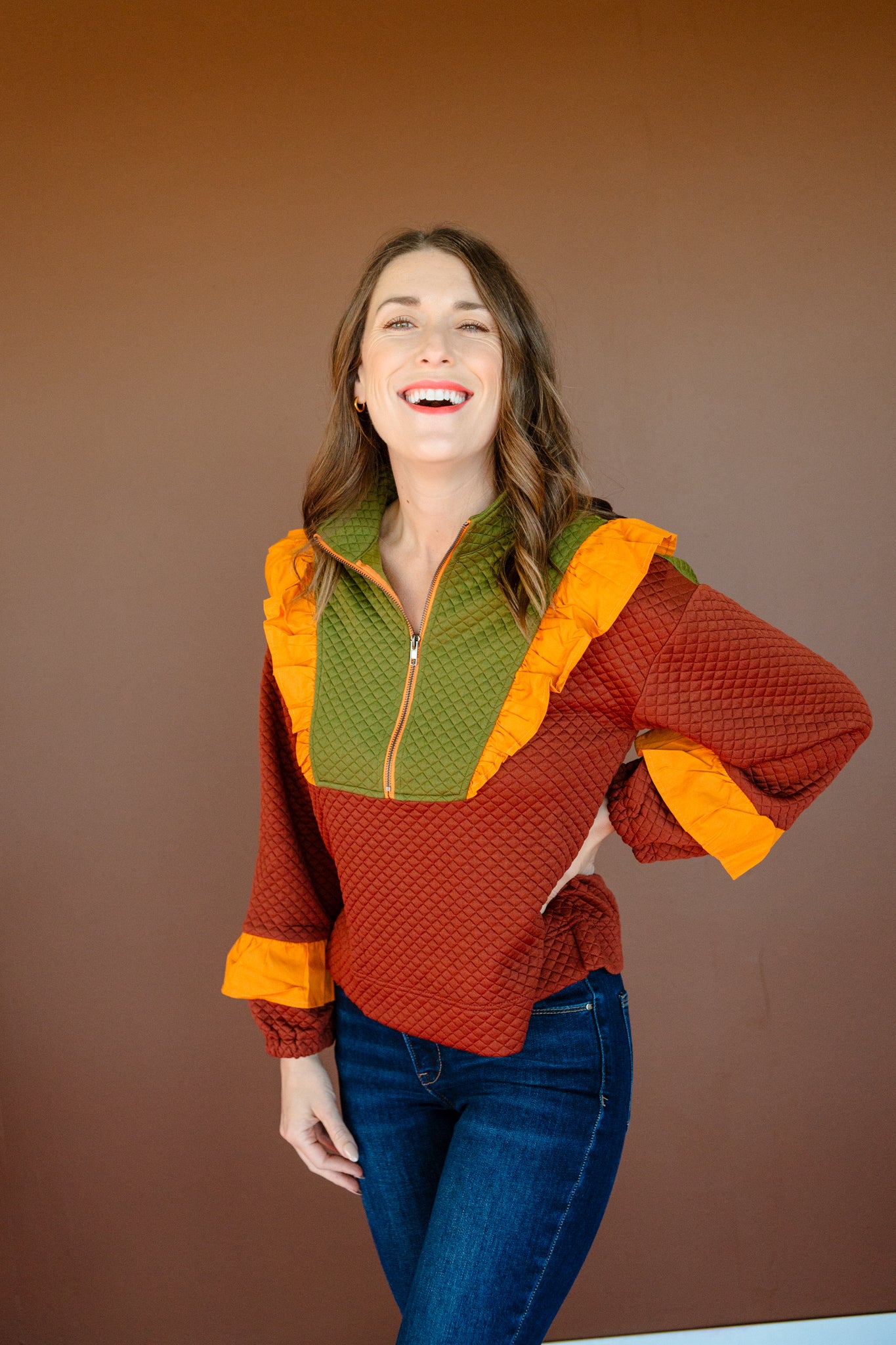 Lois Colorblock Quarter Zip - Olive + Mustard + Chocolate