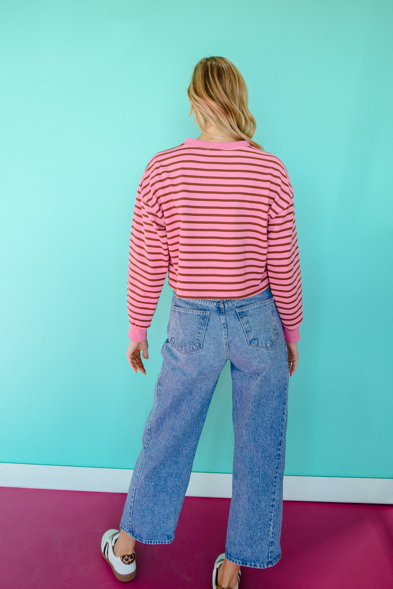 Krissi V-Neck Striped Top - Shocking Pink + Tan